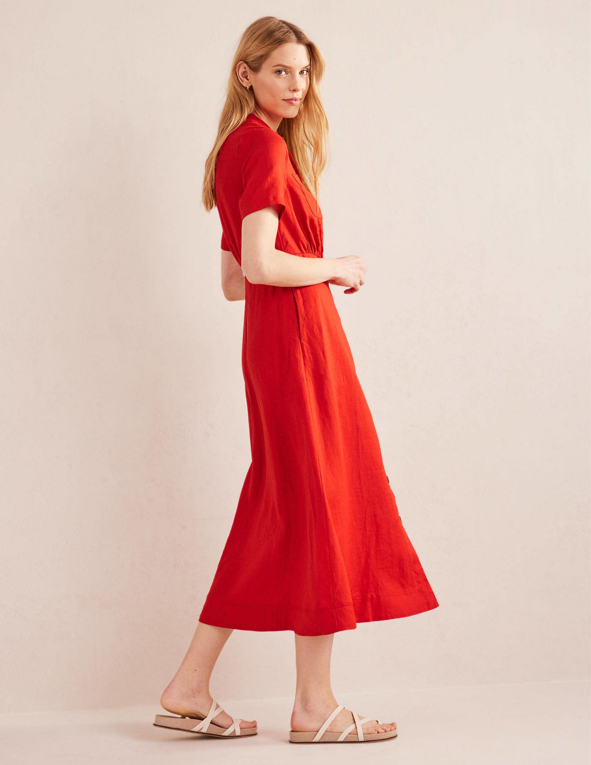 Linen Maxi Shirt Dress-Vermillion-4
