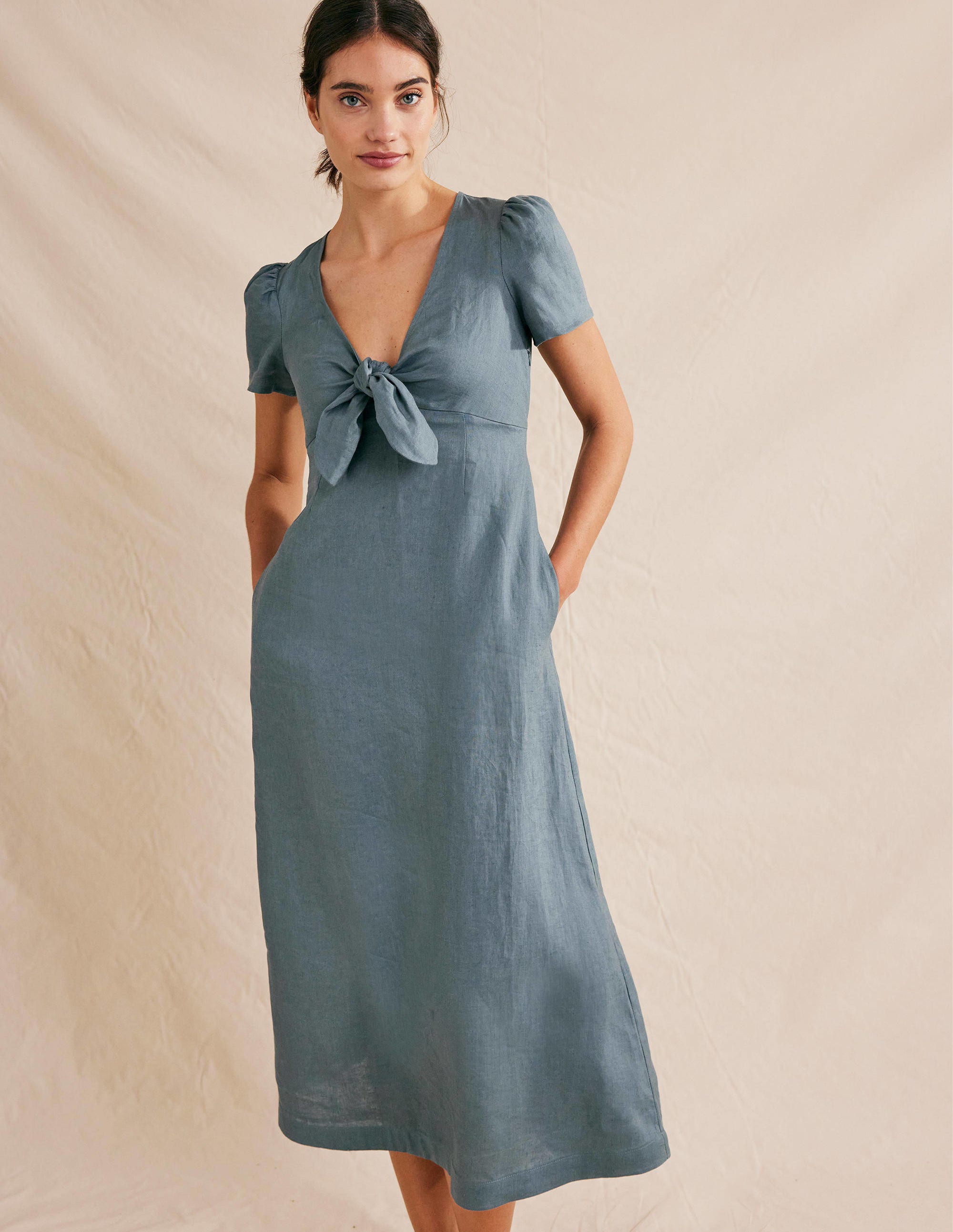 Tie Front Linen Midi Dress-Deep Sea Blue - Image 1