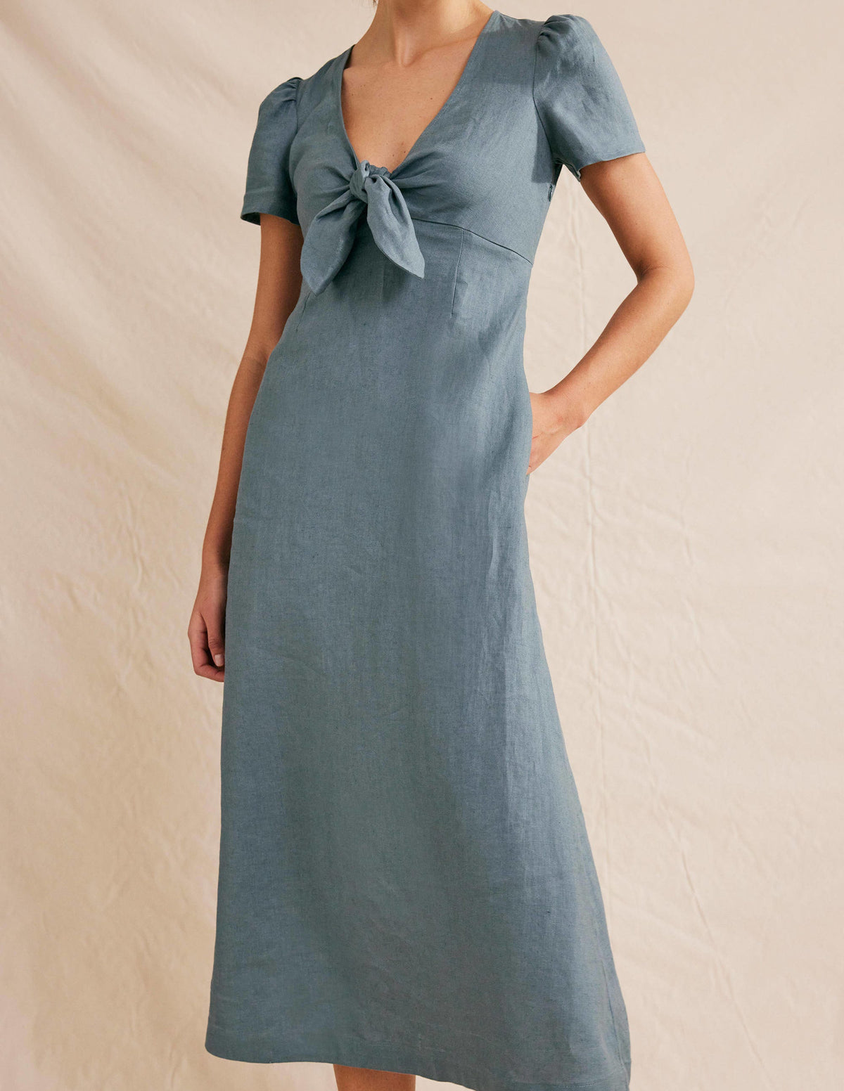 Tie Front Linen Midi Dress-Deep Sea Blue - Image 4