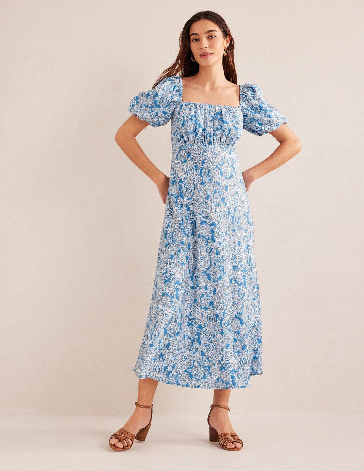 Ruched Bodice Midi Dress-Porcelain Blue, Paisley Bud - Image 1