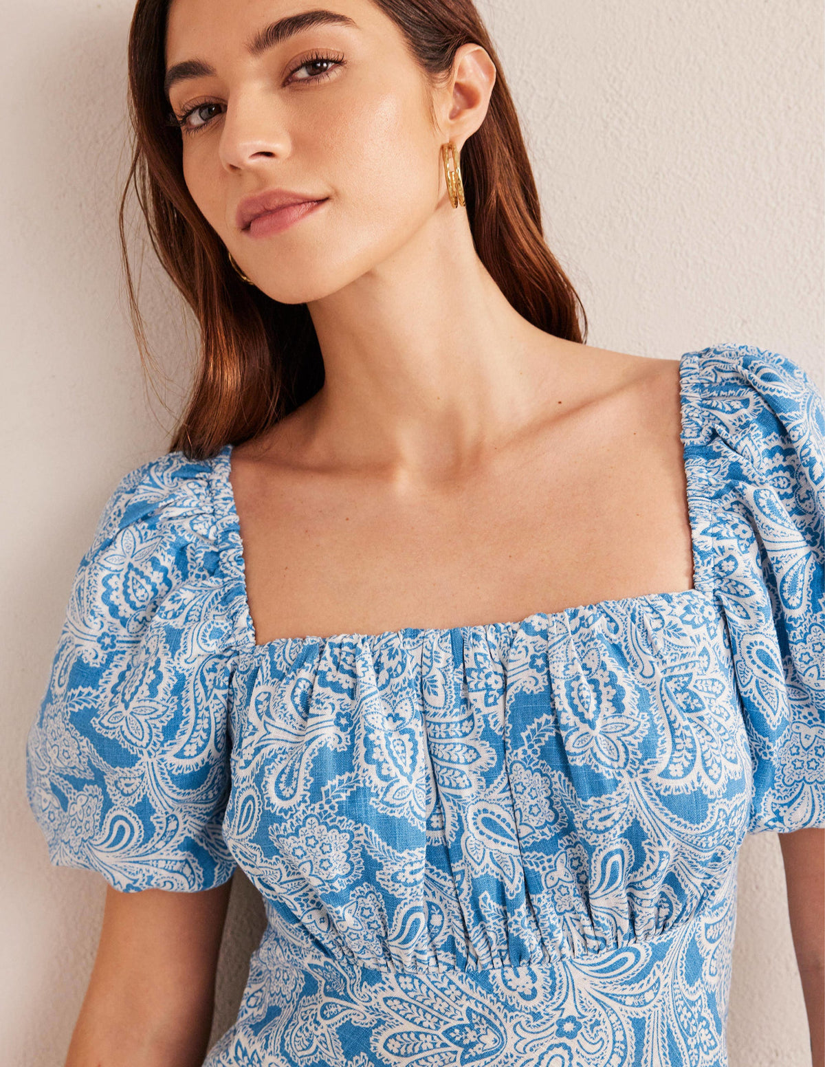Ruched Bodice Midi Dress-Porcelain Blue, Paisley Bud - Image 2