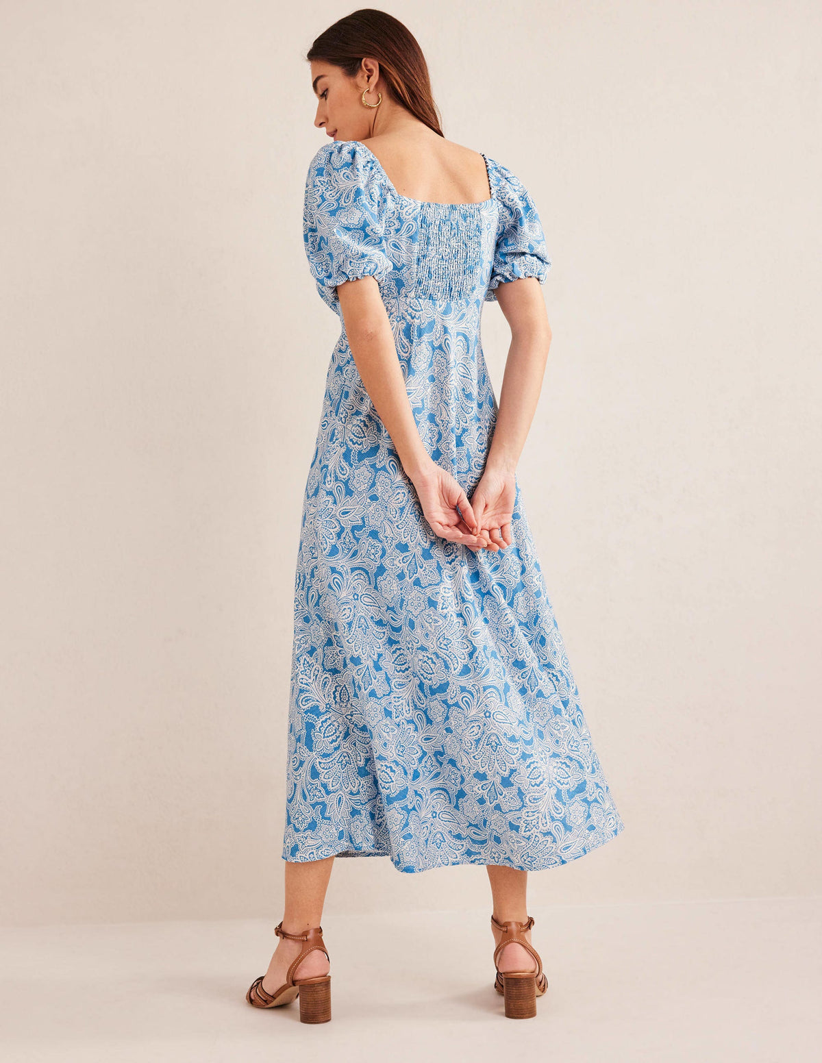 Ruched Bodice Midi Dress-Porcelain Blue, Paisley Bud - Image 3