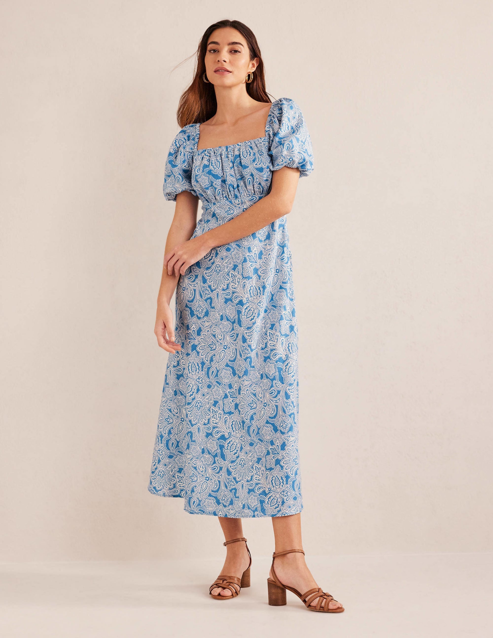 Ruched Bodice Midi Dress-Porcelain Blue, Paisley Bud - Image 5