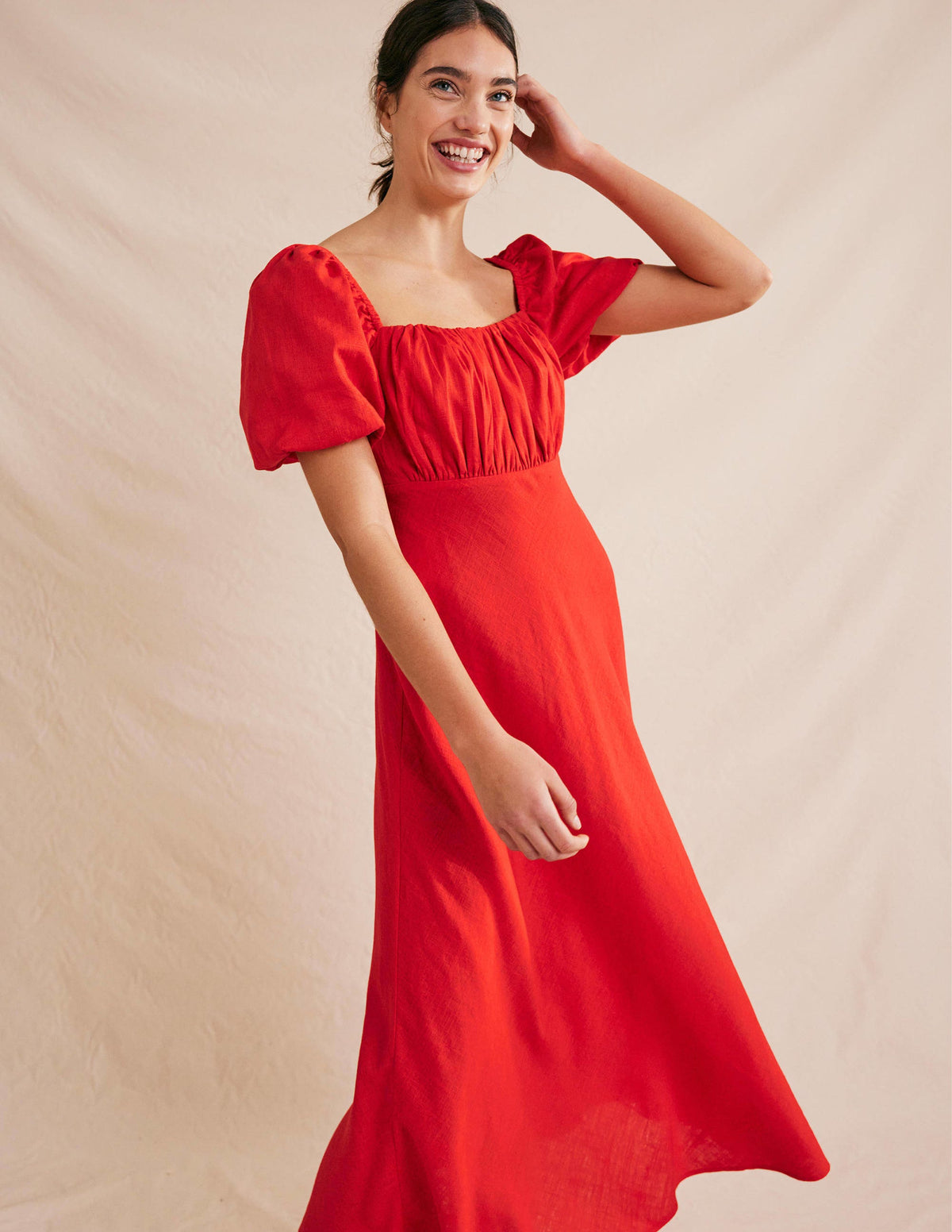 Ruched Bodice Midi Dress-Vermillion - Image 1