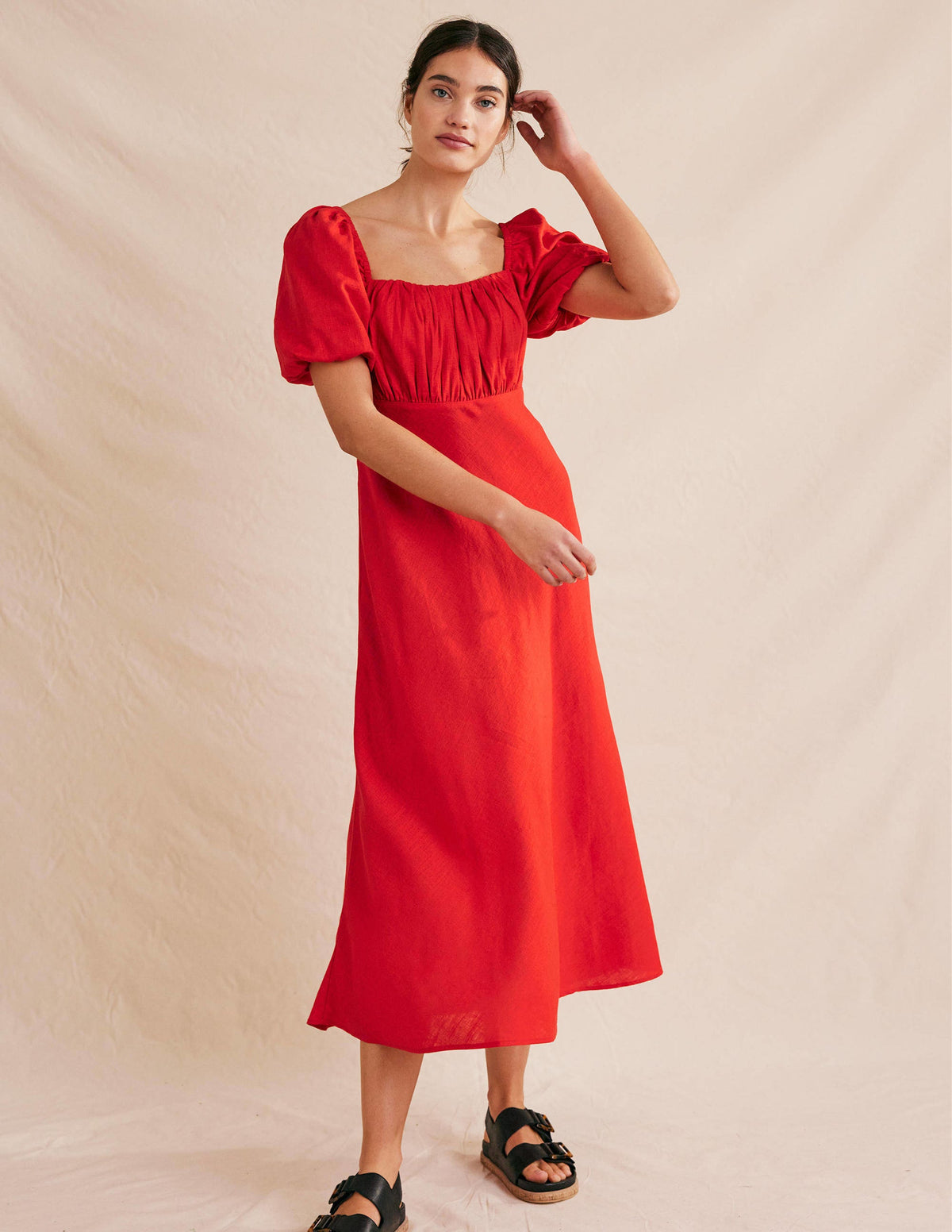 Ruched Bodice Midi Dress-Vermillion-5