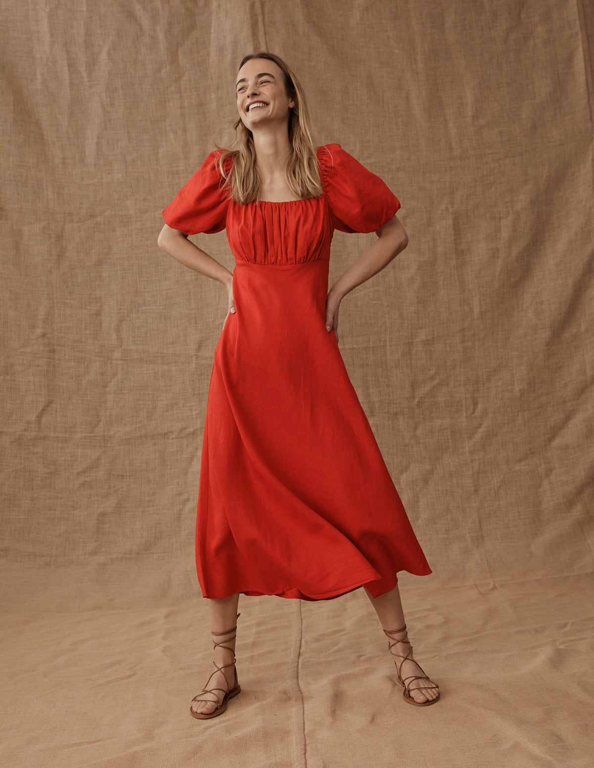 Ruched Bodice Midi Dress-Vermillion-6
