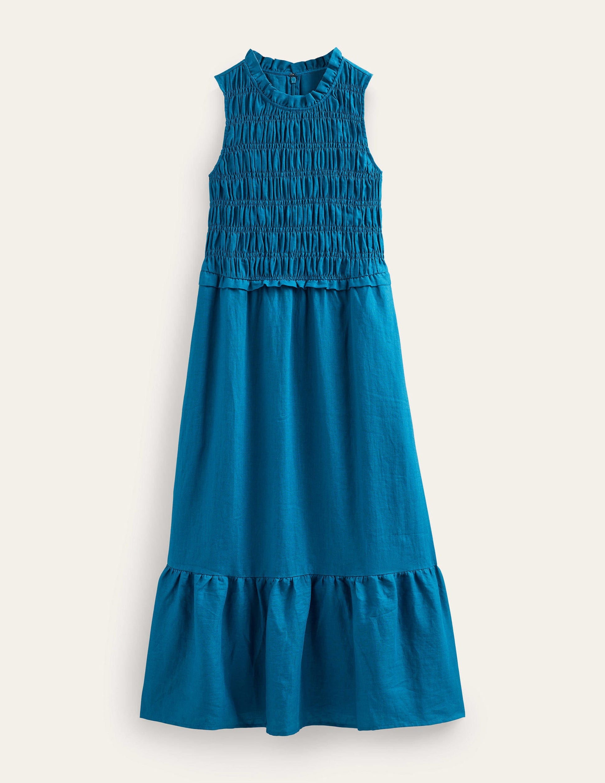 Smocked Linen Midi Dress-Crystal Teal-5