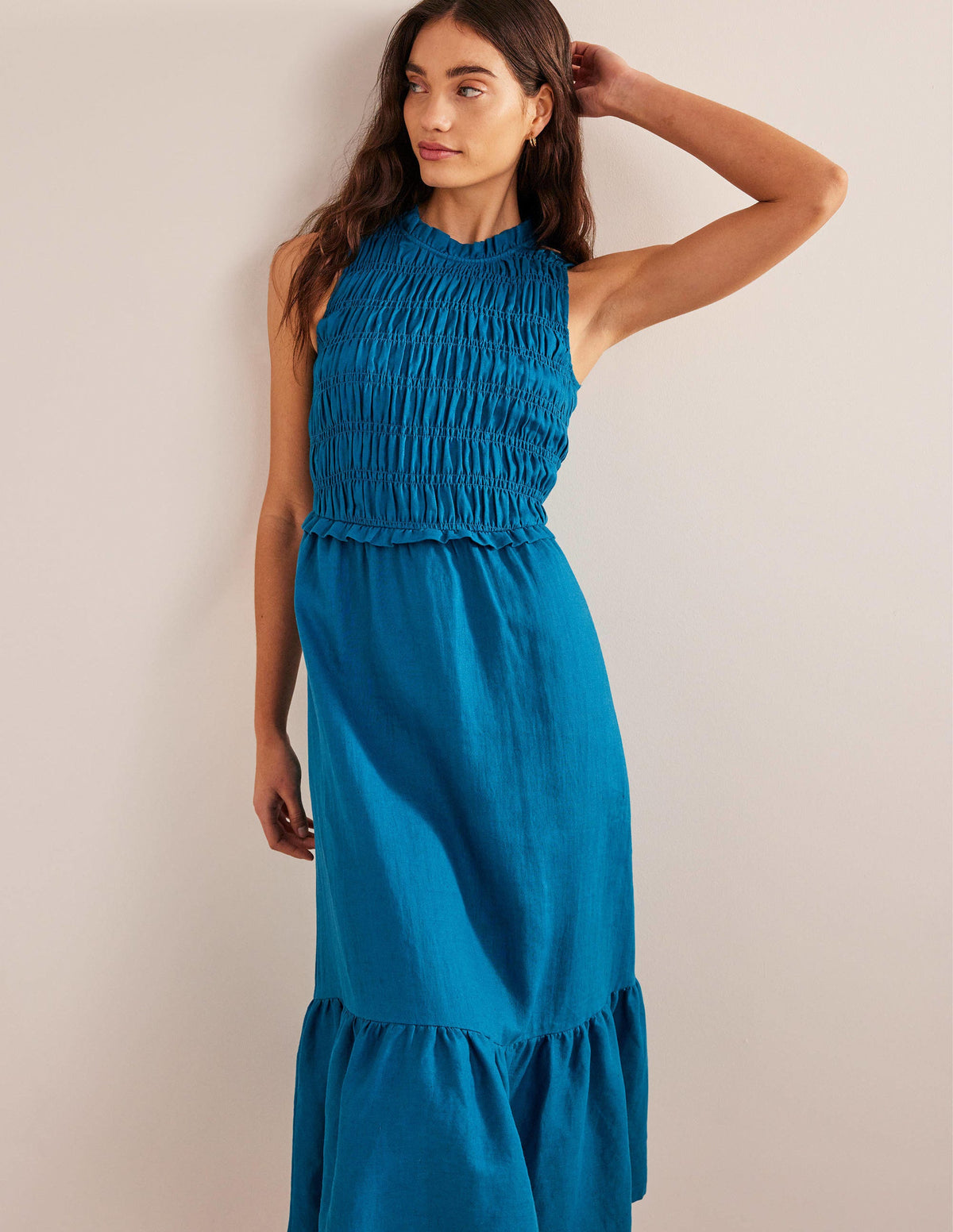 Smocked Linen Midi Dress-Crystal Teal-1