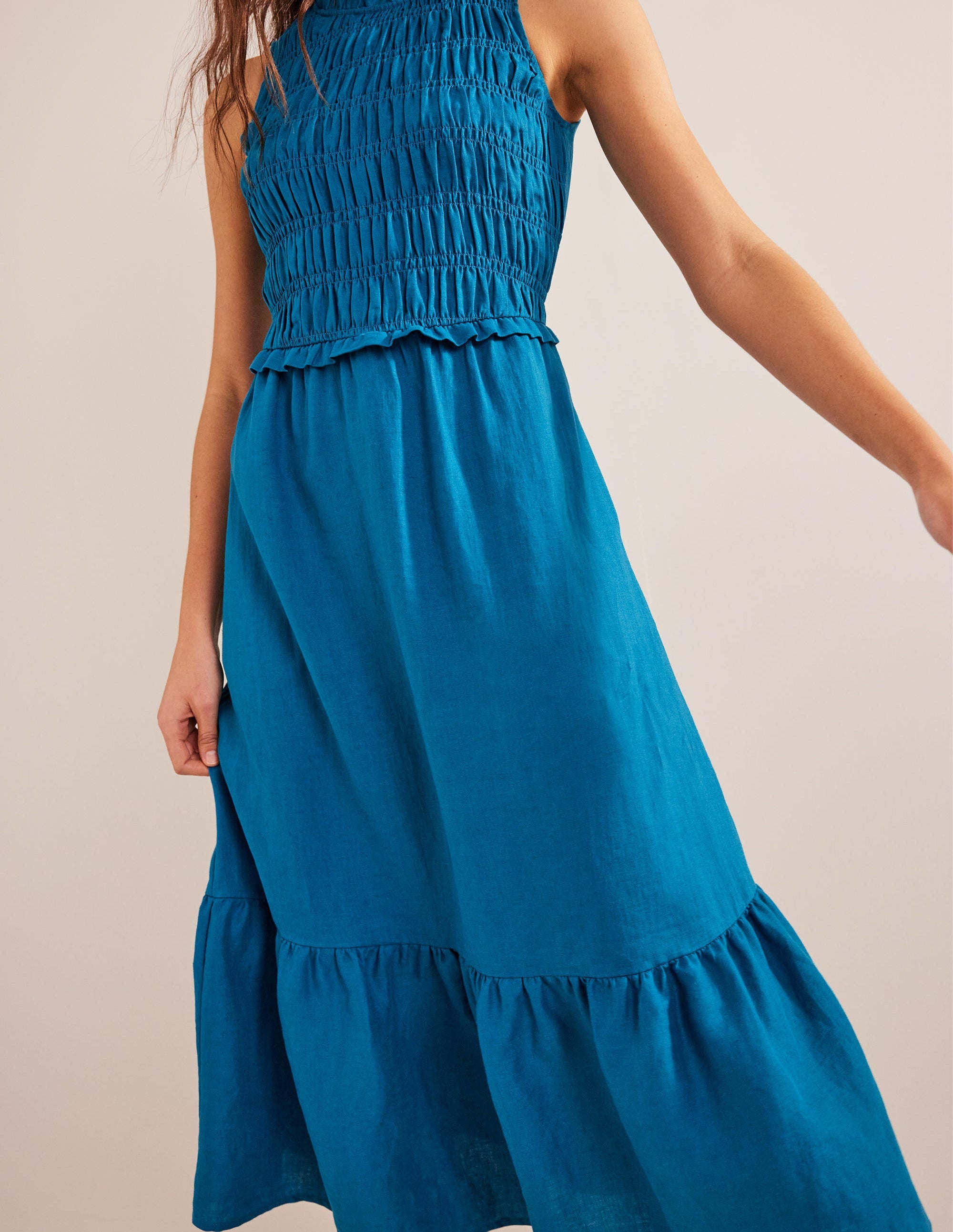 Smocked Linen Midi Dress-Crystal Teal - Image 2