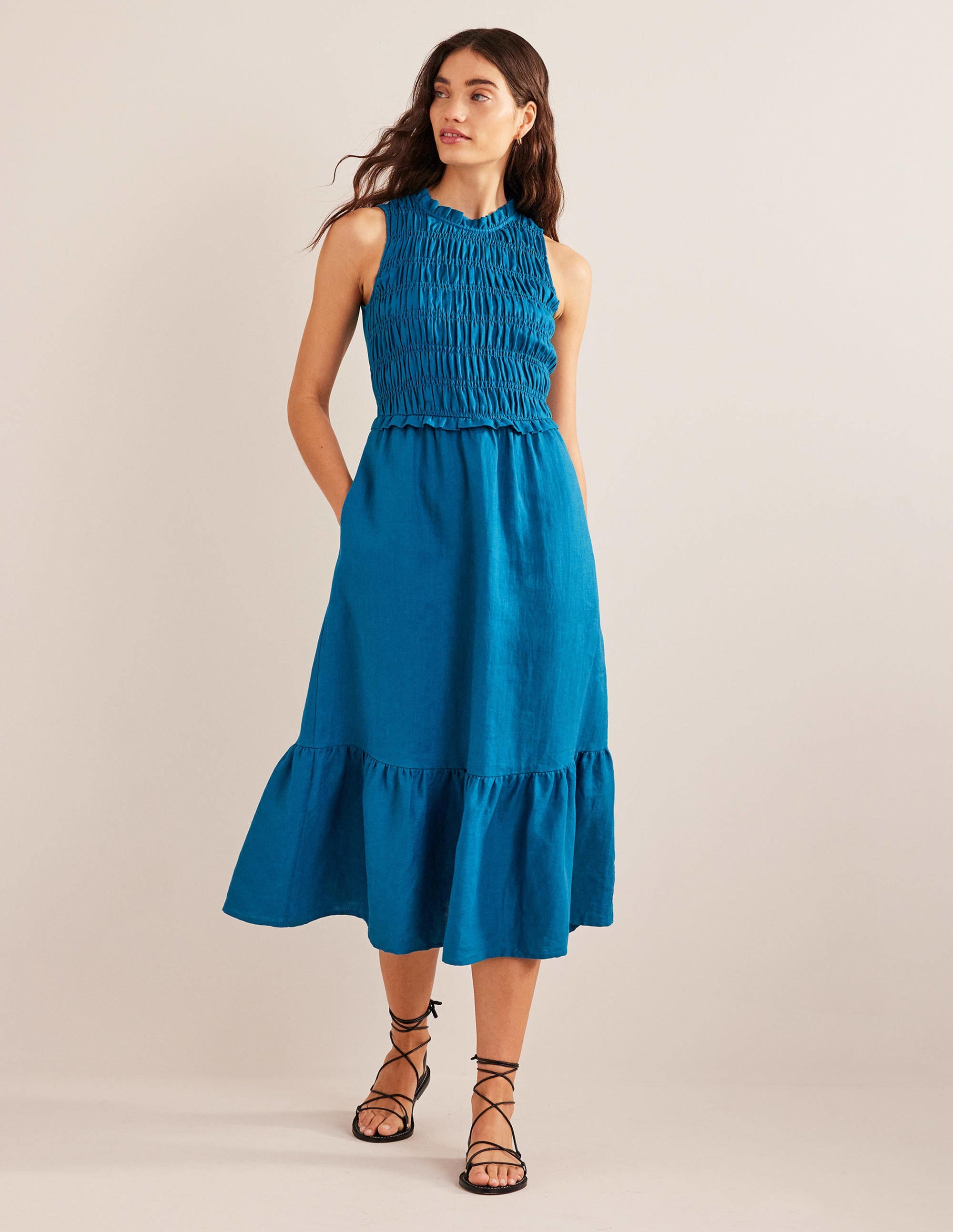 Smocked Linen Midi Dress-Crystal Teal - Image 4