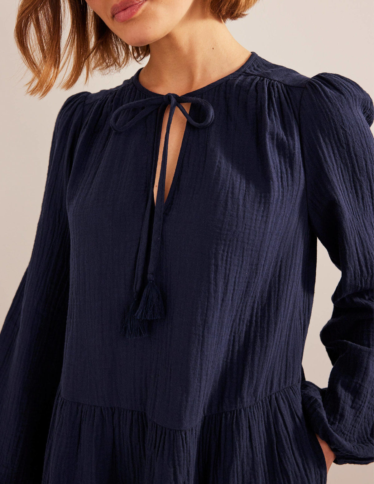 Cheesecloth Mini Dress-Navy-2