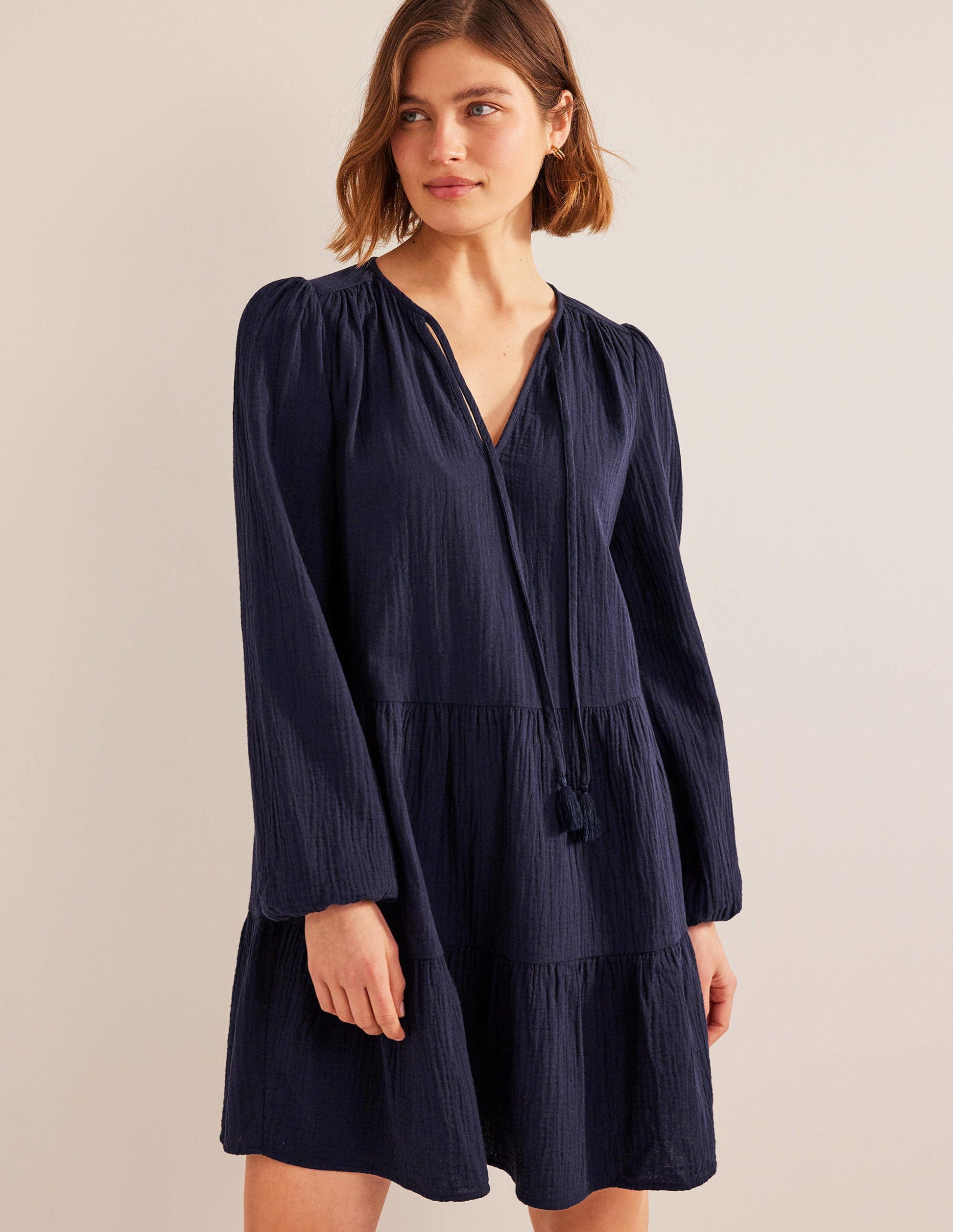 Cheesecloth Mini Dress-Navy-4