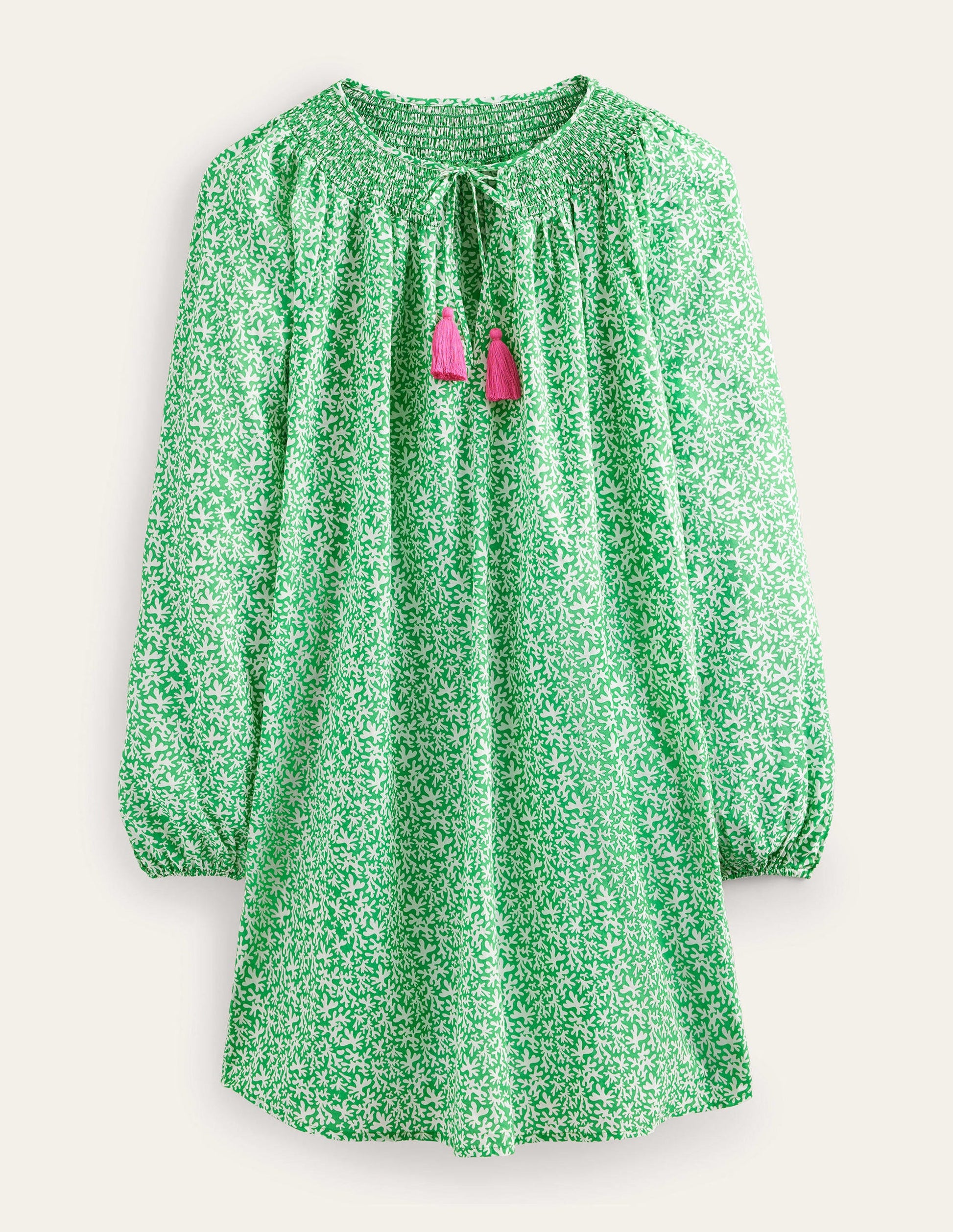 Smocked Neck Beach Kaftan-Bright Green, Abstract Foliage-5