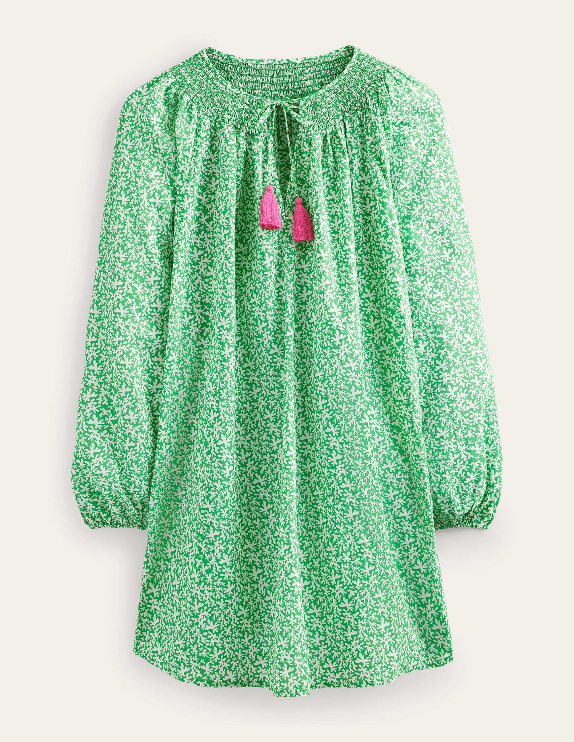 Smocked Neck Beach Kaftan-Bright Green, Abstract Foliage - Image 5