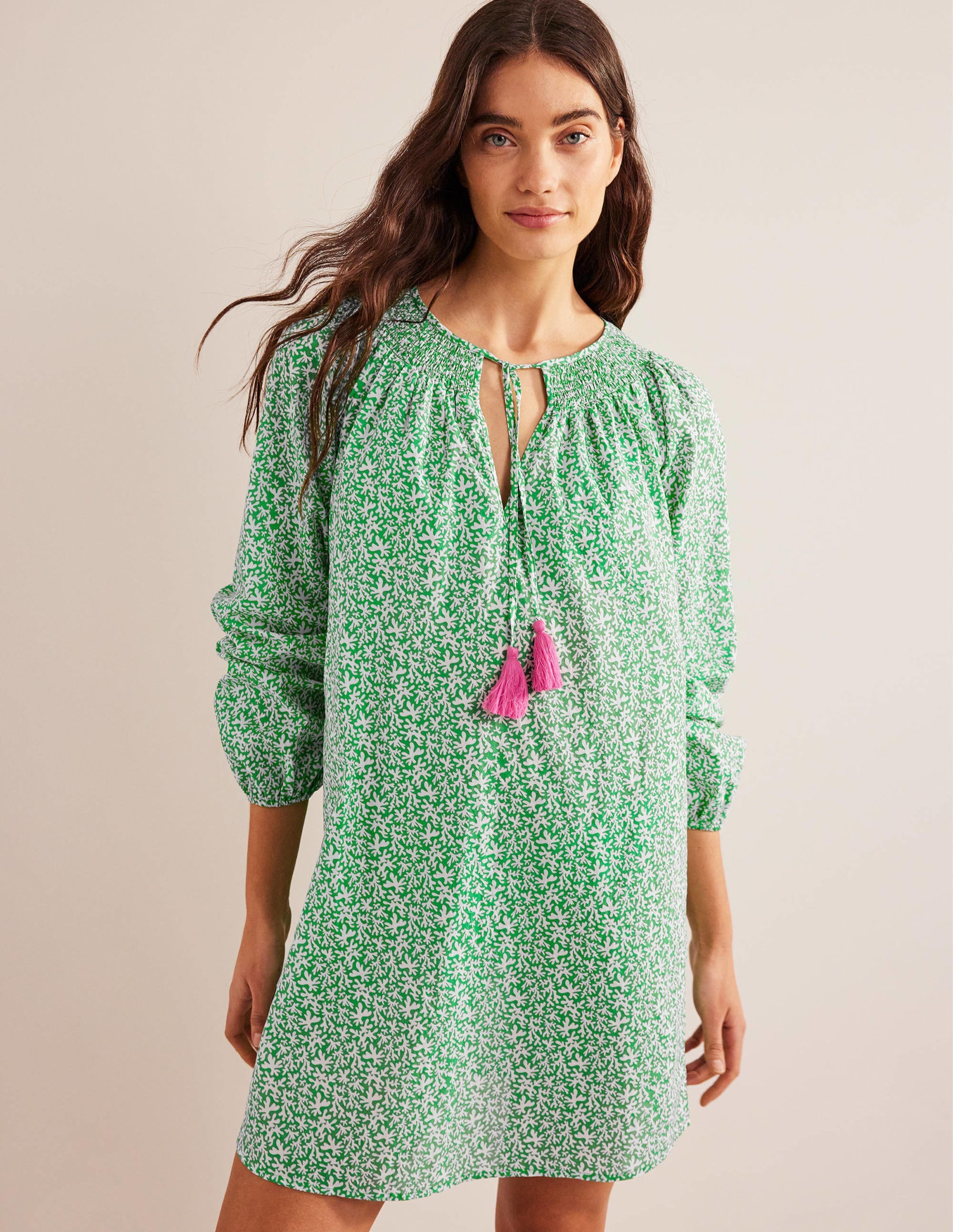 Smocked Neck Beach Kaftan-Bright Green, Abstract Foliage - Image 1