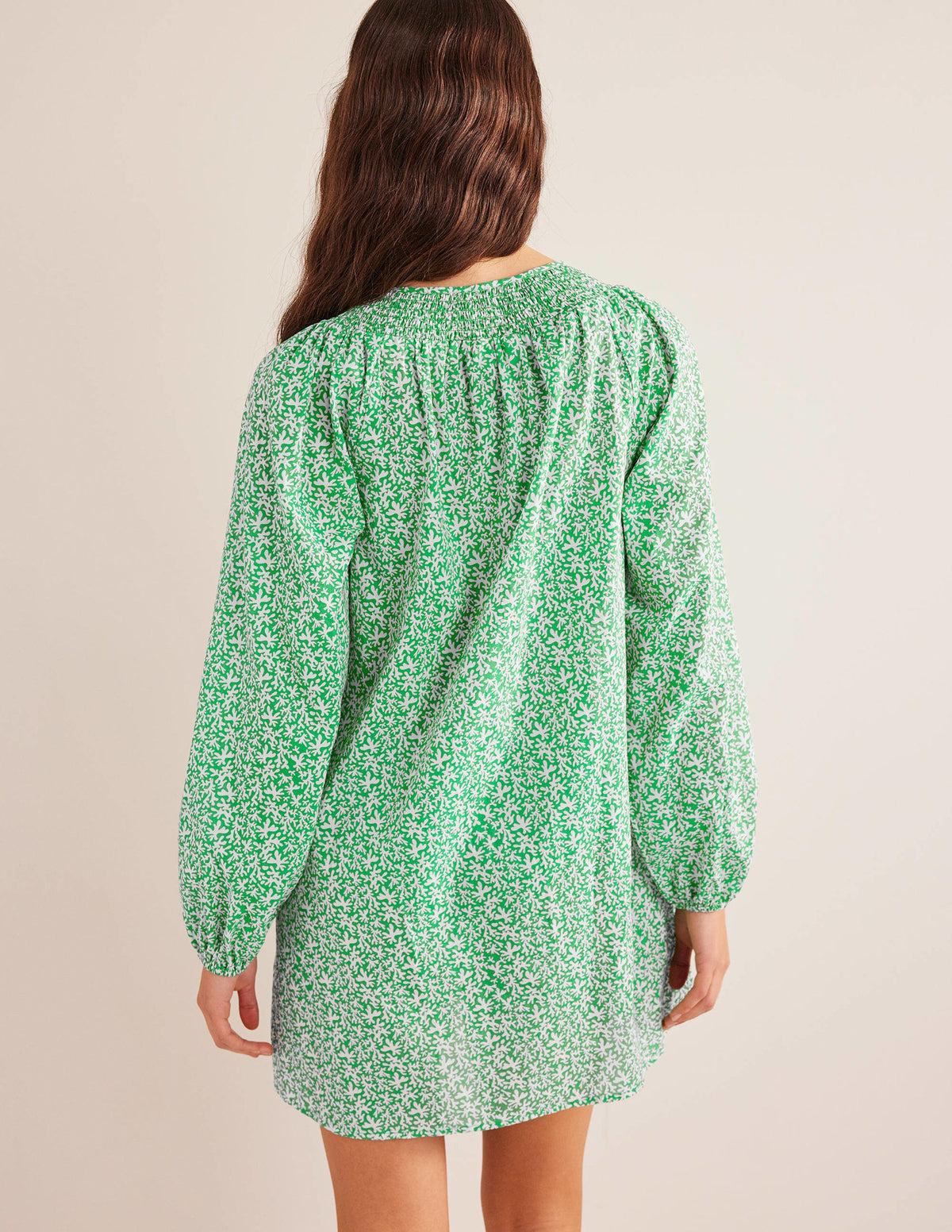Smocked Neck Beach Kaftan-Bright Green, Abstract Foliage - Image 3