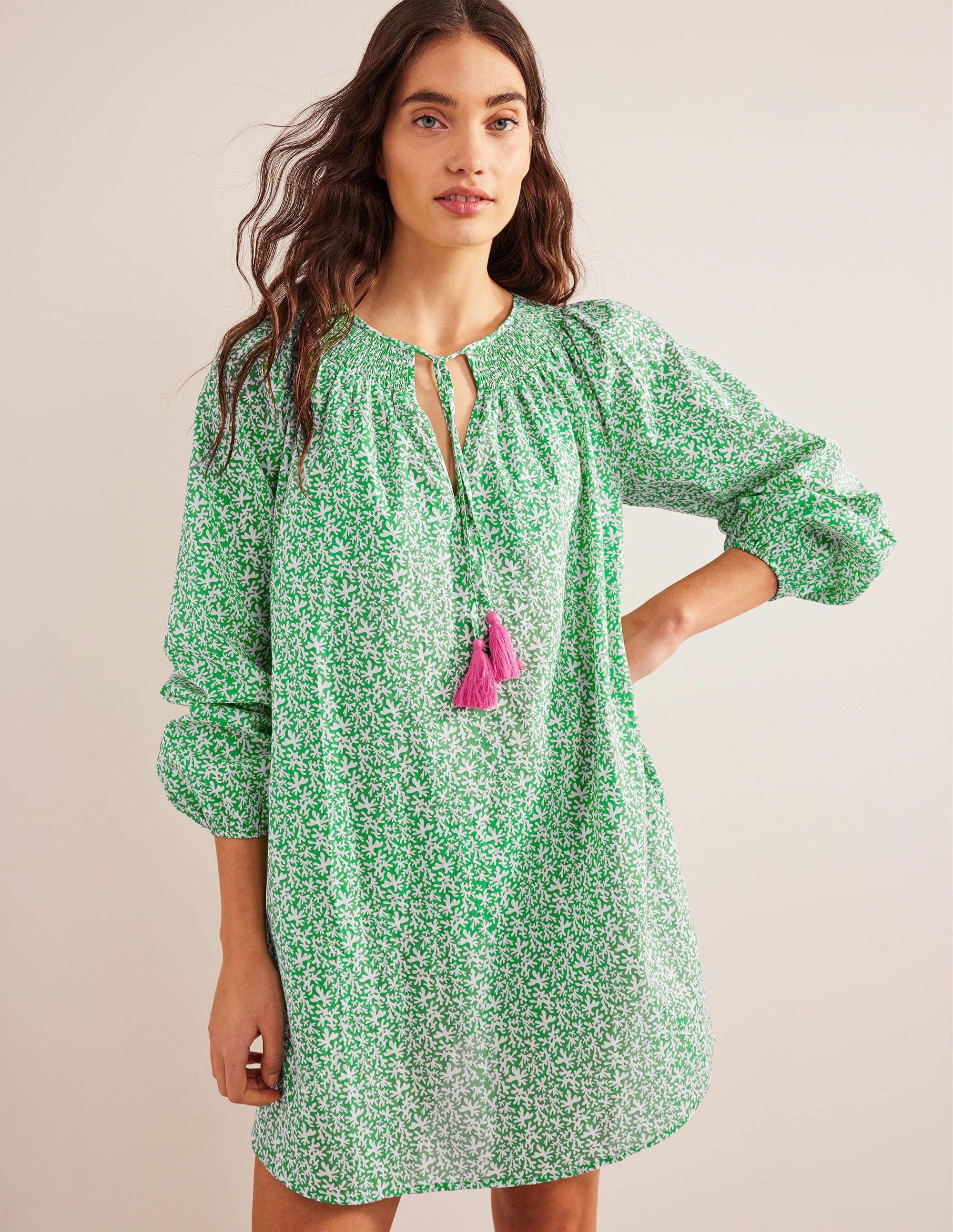 Smocked Neck Beach Kaftan-Bright Green, Abstract Foliage - Image 4