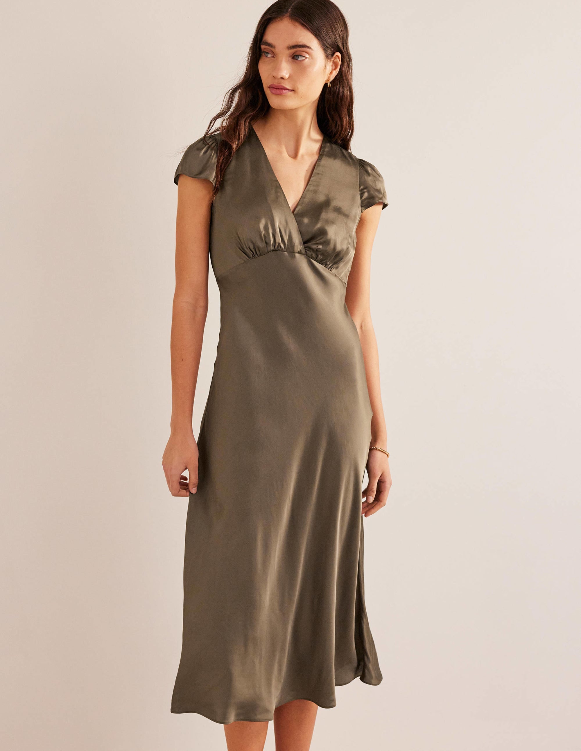 Satin Empire Midi Tea Dress-Khaki - Image 1