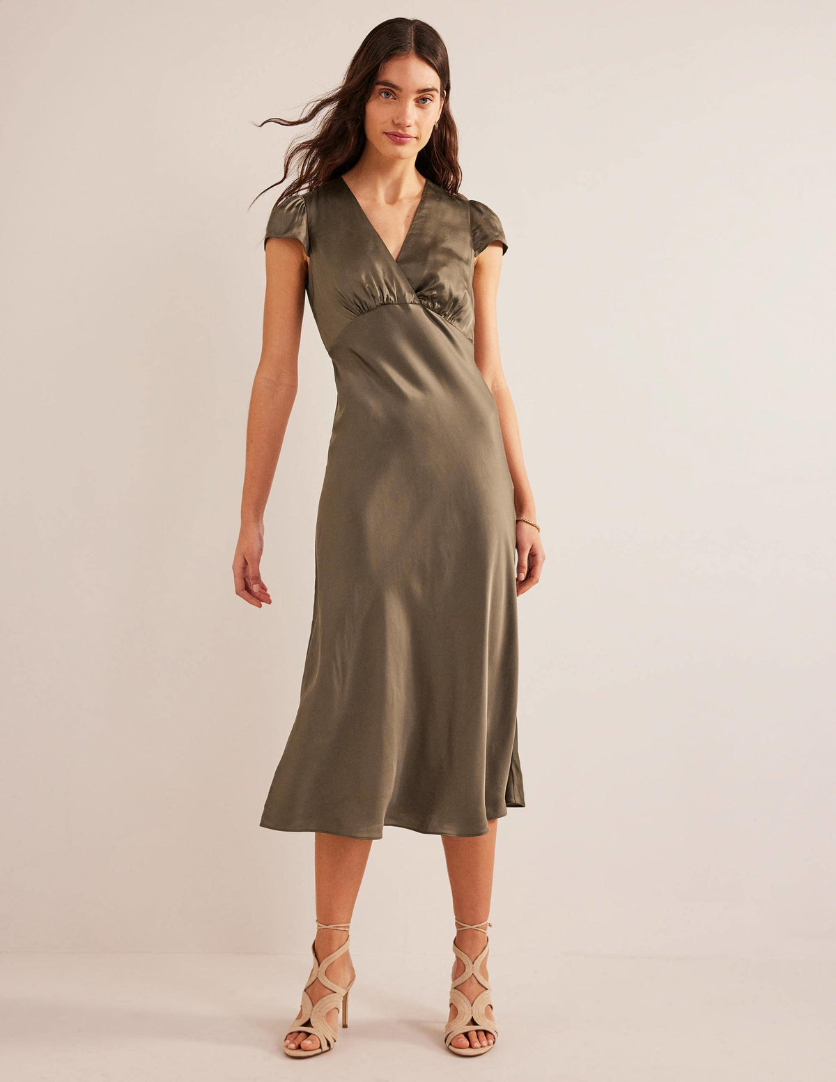 Satin Empire Midi Tea Dress-Khaki - Image 4