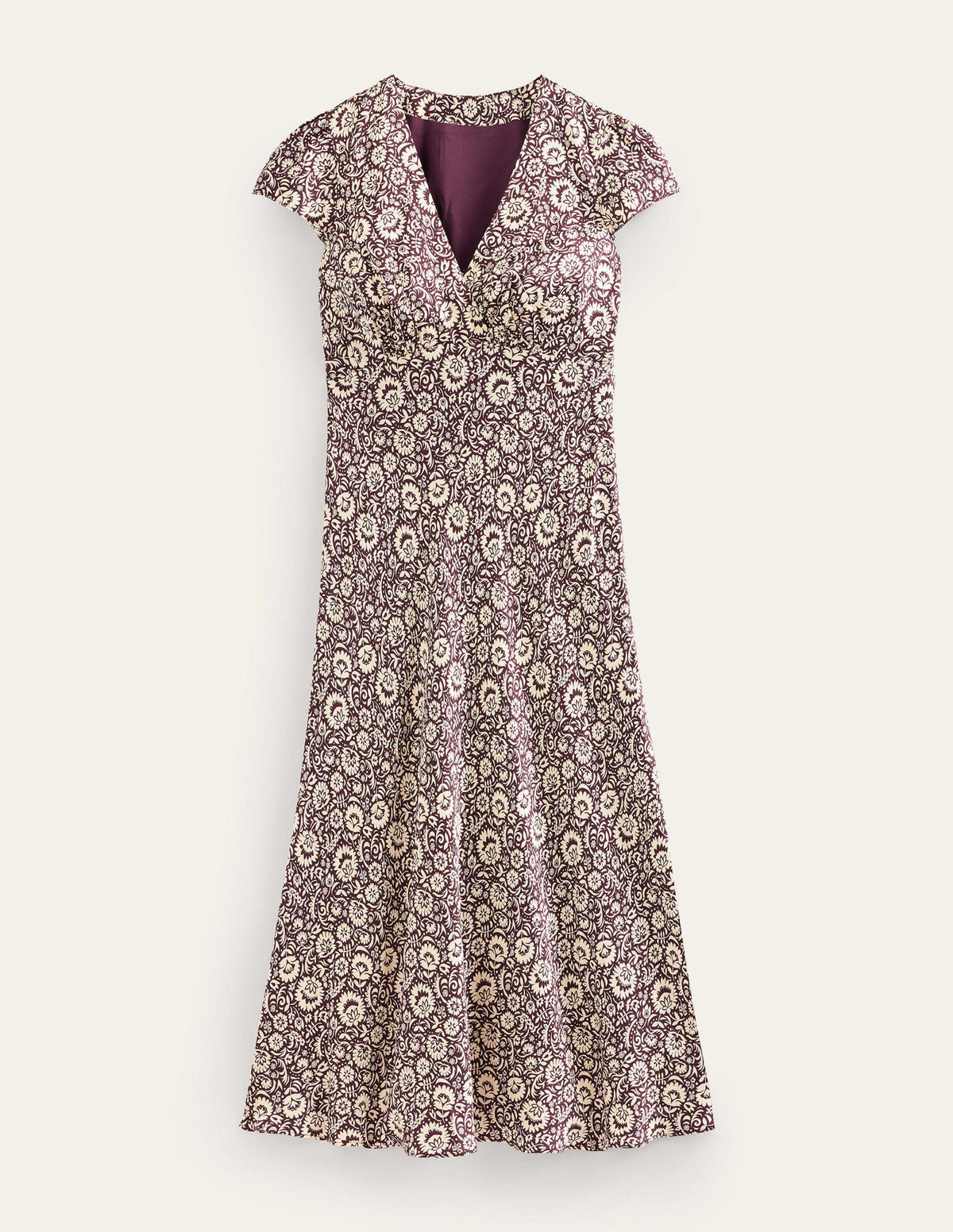 Satin Empire Midi Tea Dress-Dark Burgundy, Bloom Cascade - Image 6