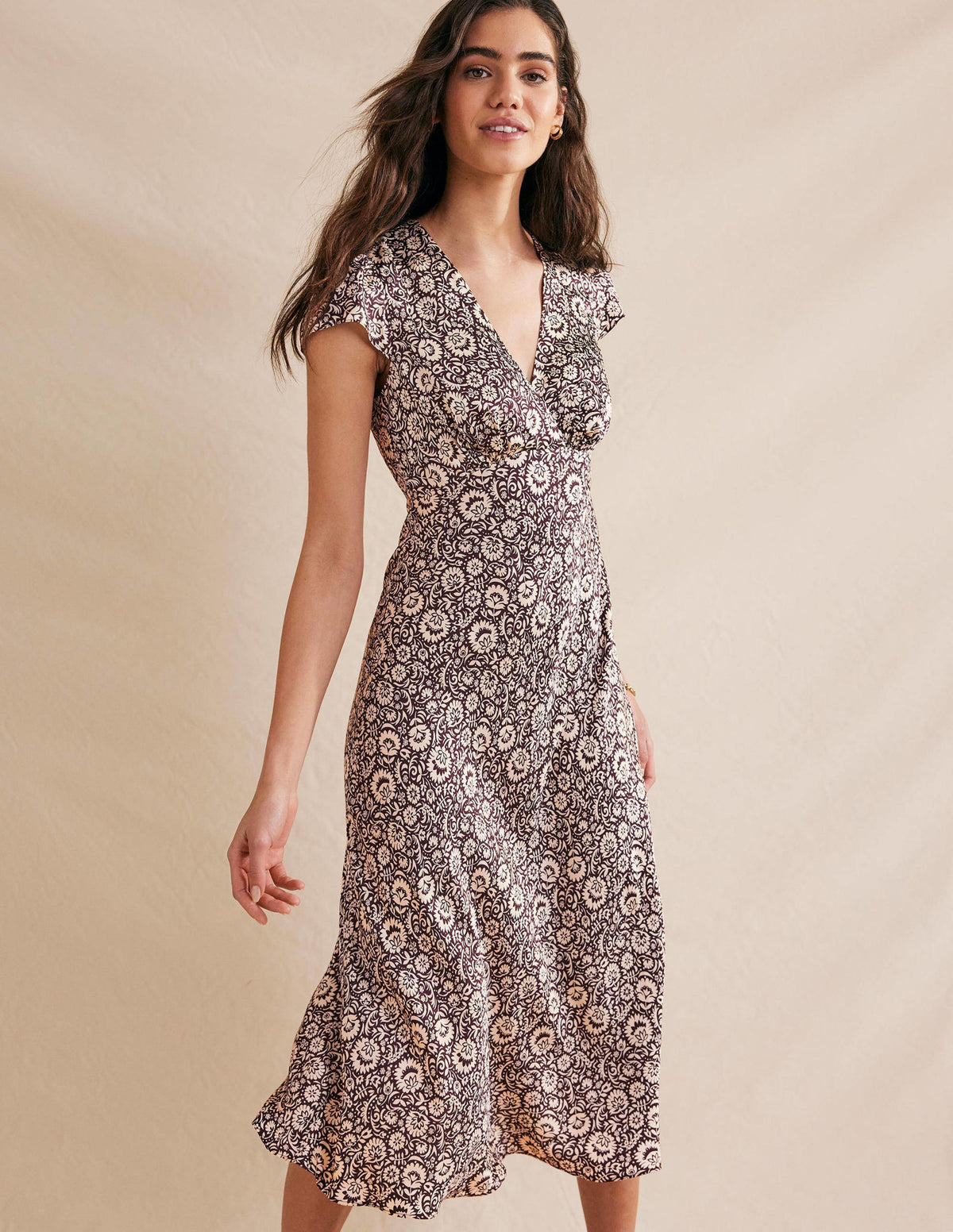 Satin Empire Midi Tea Dress-Dark Burgundy, Bloom Cascade-1
