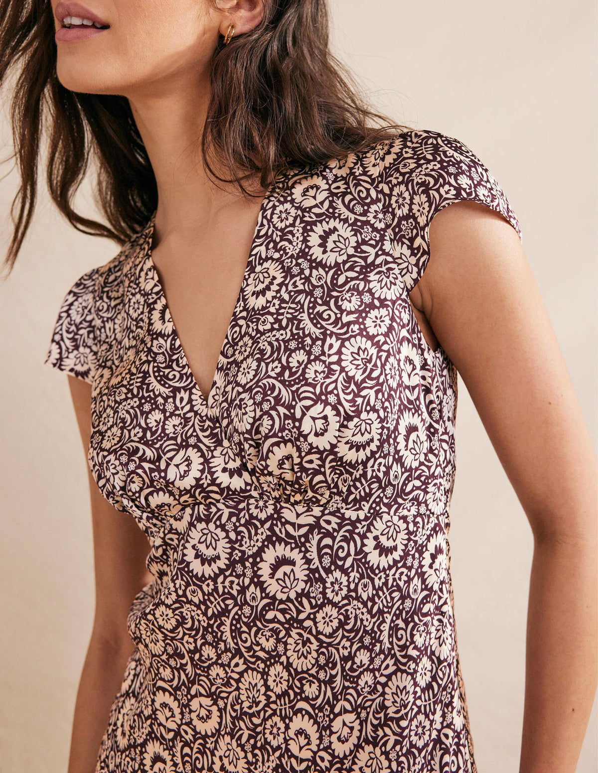 Satin Empire Midi Tea Dress-Dark Burgundy, Bloom Cascade - Image 2