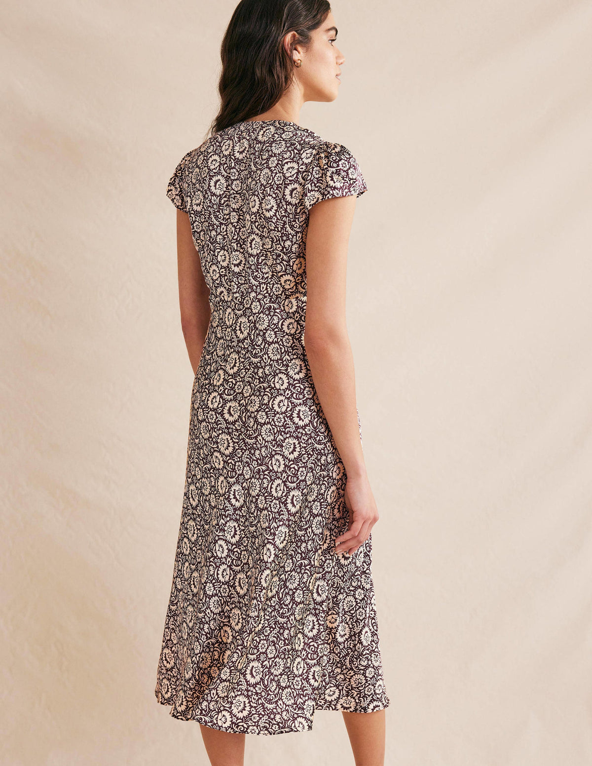 Satin Empire Midi Tea Dress-Dark Burgundy, Bloom Cascade - Image 3