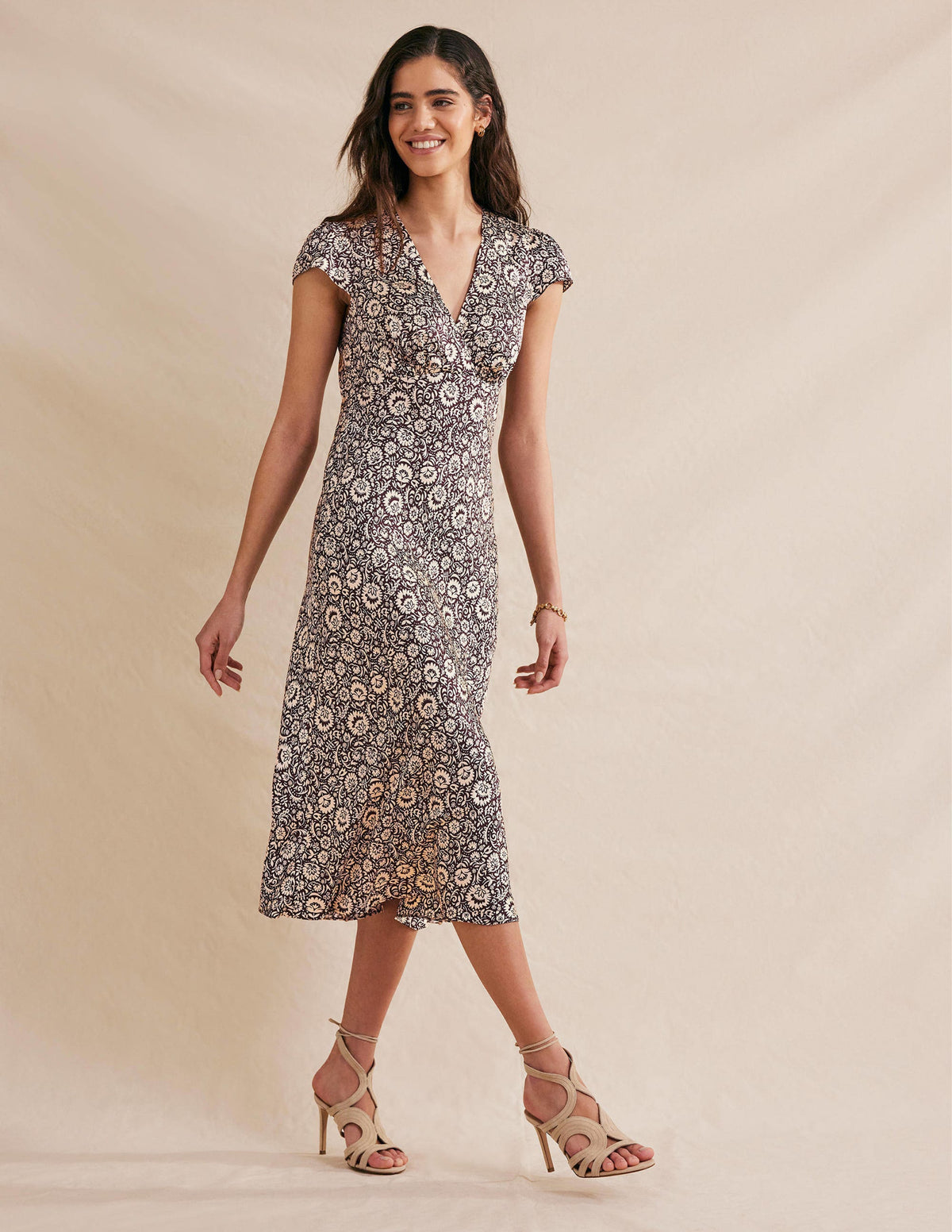 Satin Empire Midi Tea Dress-Dark Burgundy, Bloom Cascade-4