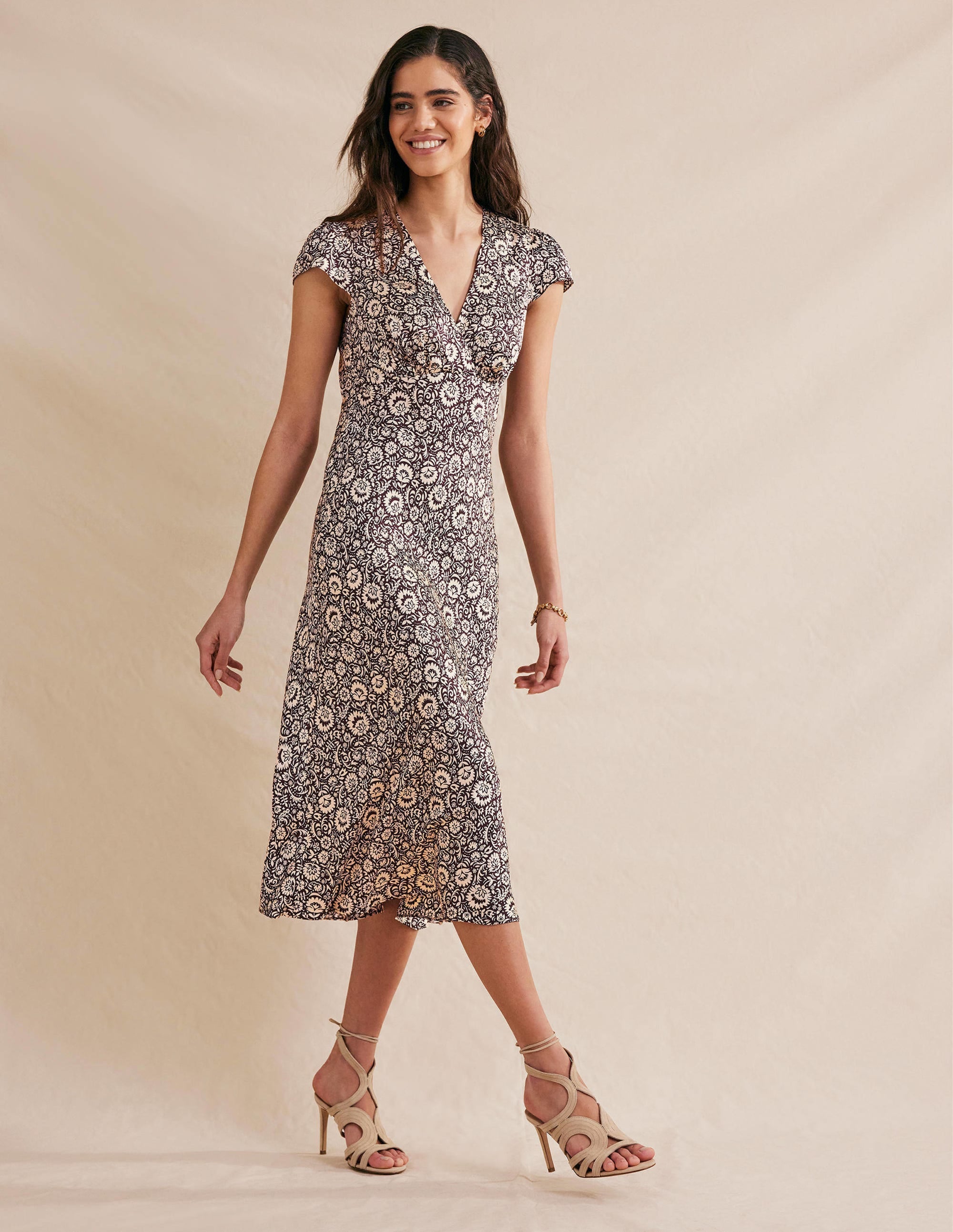 Satin Empire Midi Tea Dress-Dark Burgundy, Bloom Cascade - Image 4