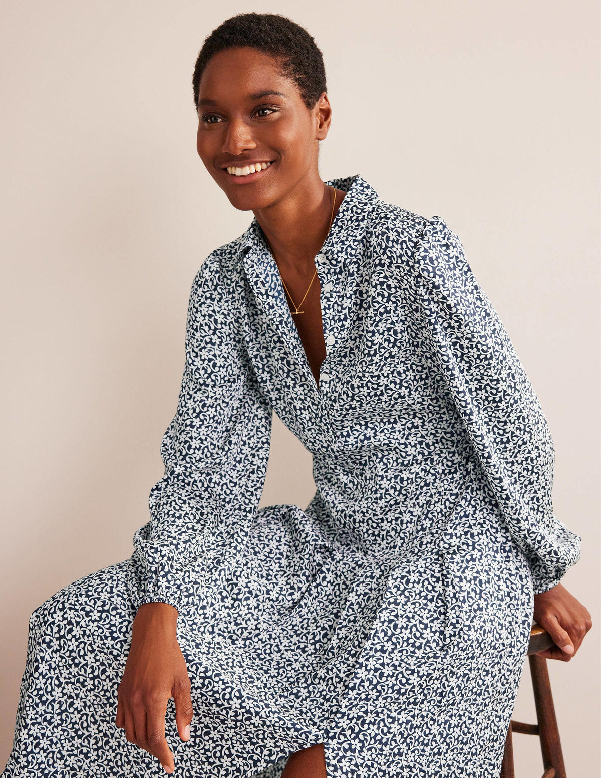 Pleated Skirt Midi Shirt Dress-Navy, Flower Stem - Image 1