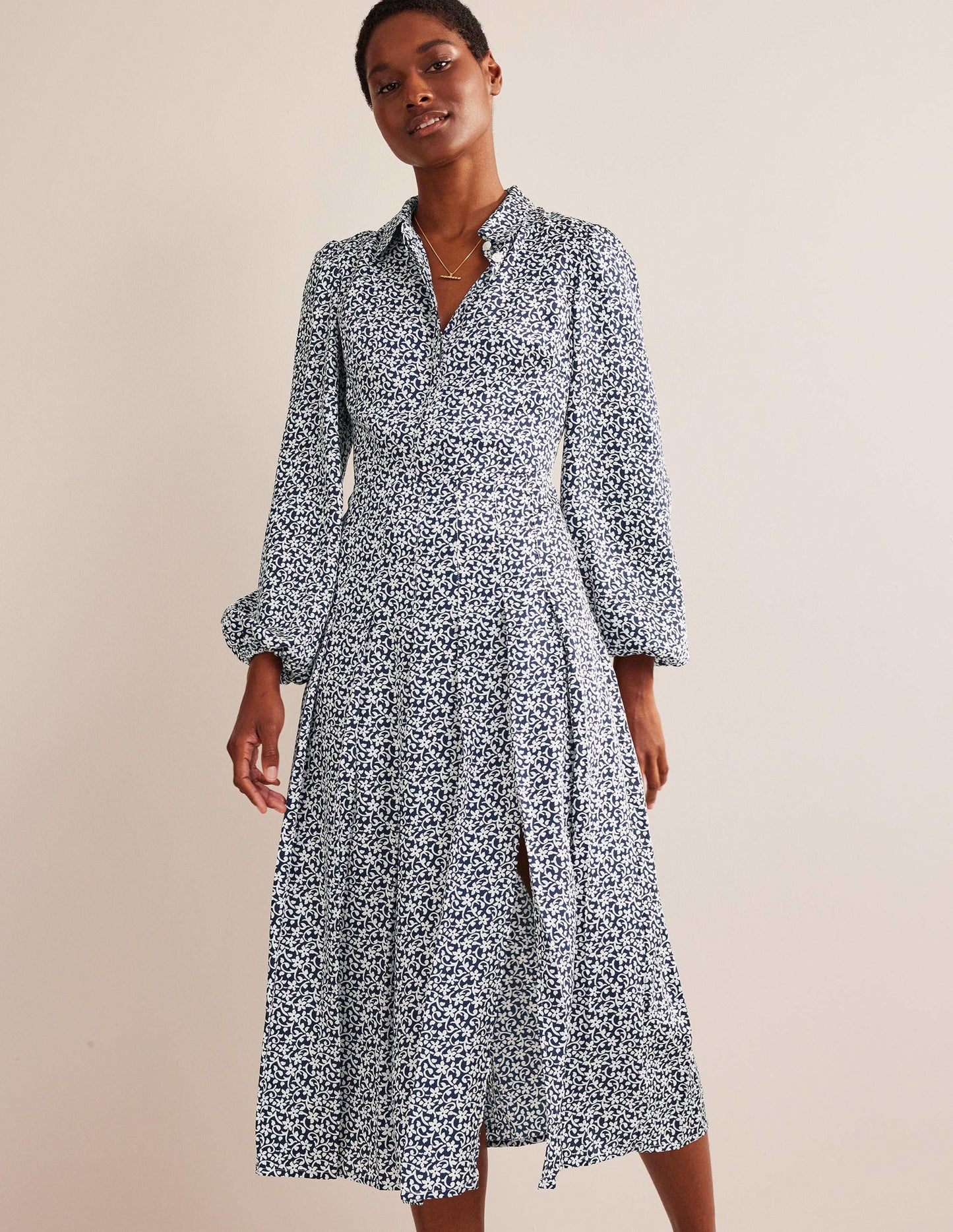 Pleated Skirt Midi Shirt Dress-Navy, Flower Stem
