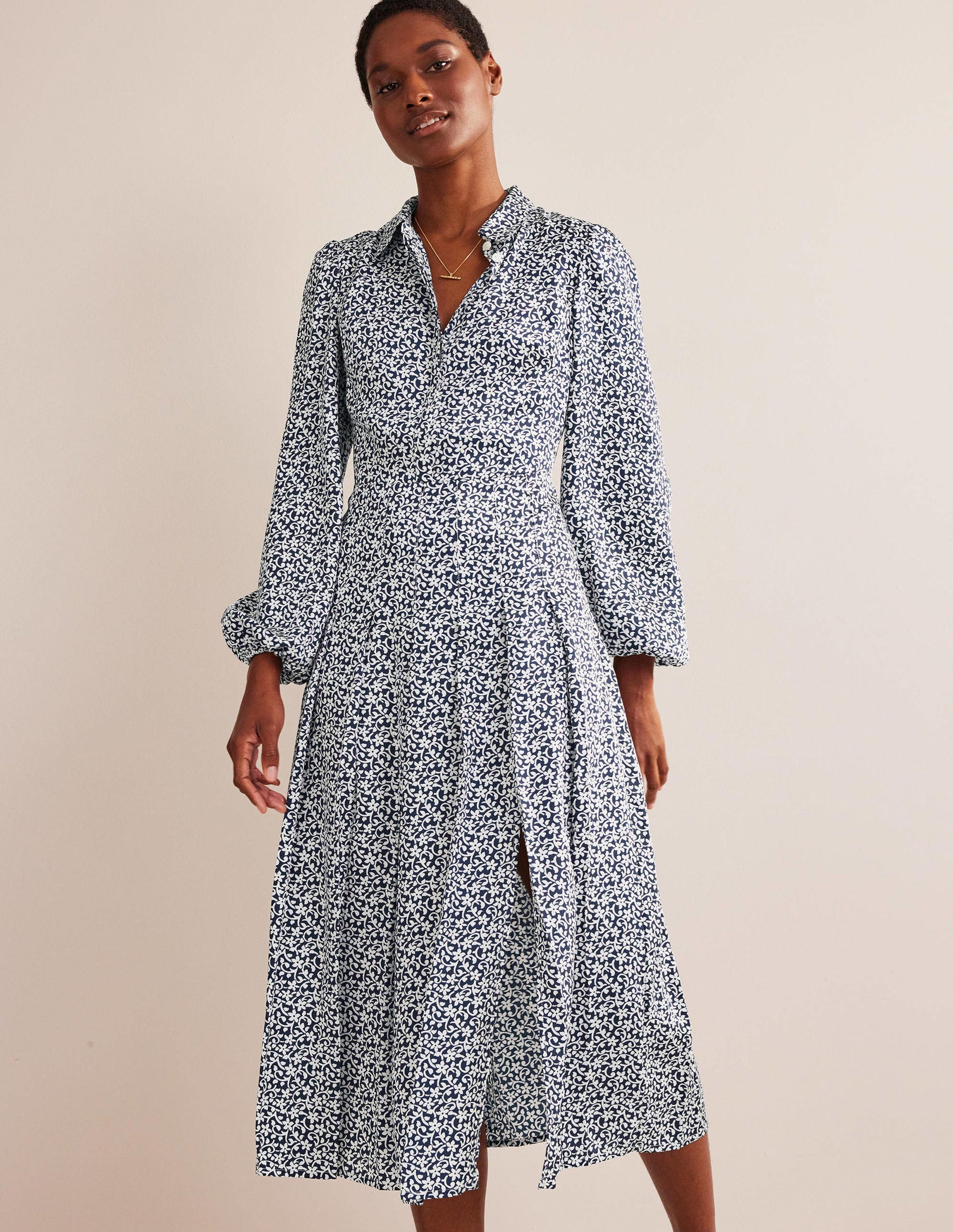 Pleated Skirt Midi Shirt Dress-Navy, Flower Stem-2