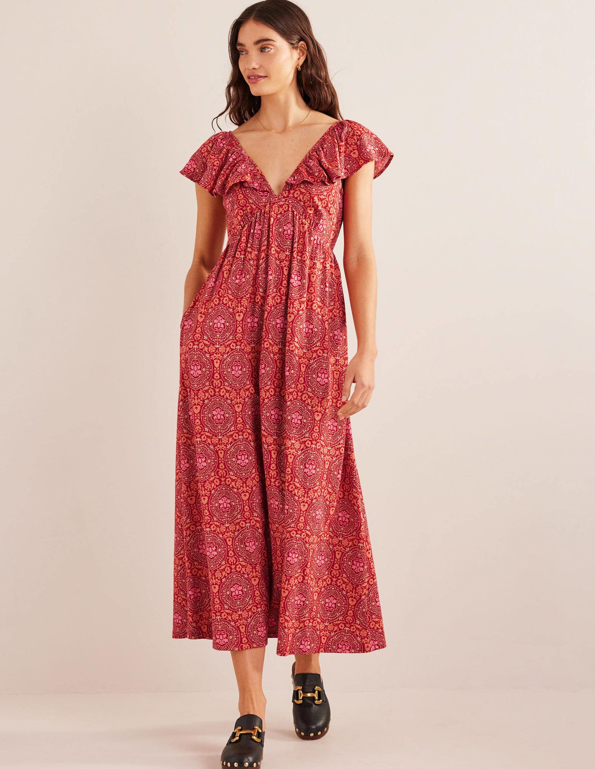 Tie Back Jersey Maxi Dress-Poinsettia, Exotic Tile-1