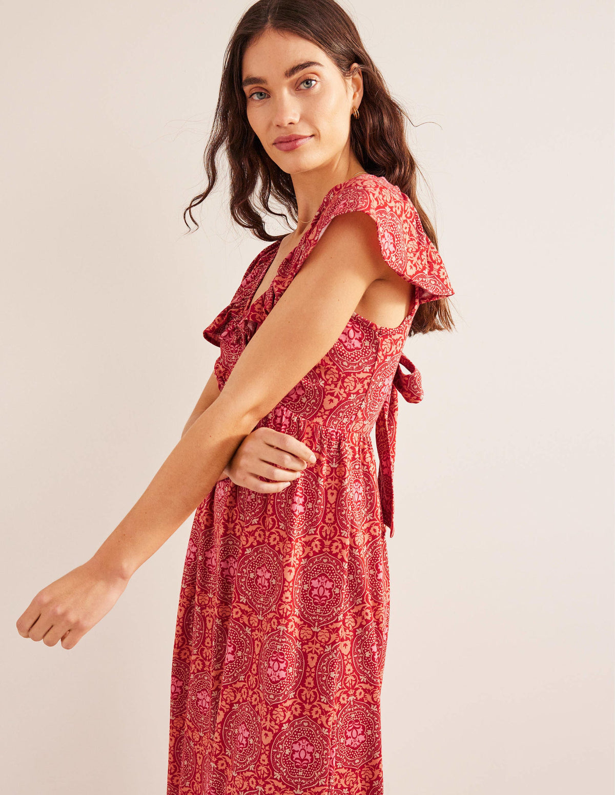 Tie Back Jersey Maxi Dress-Poinsettia, Exotic Tile-4