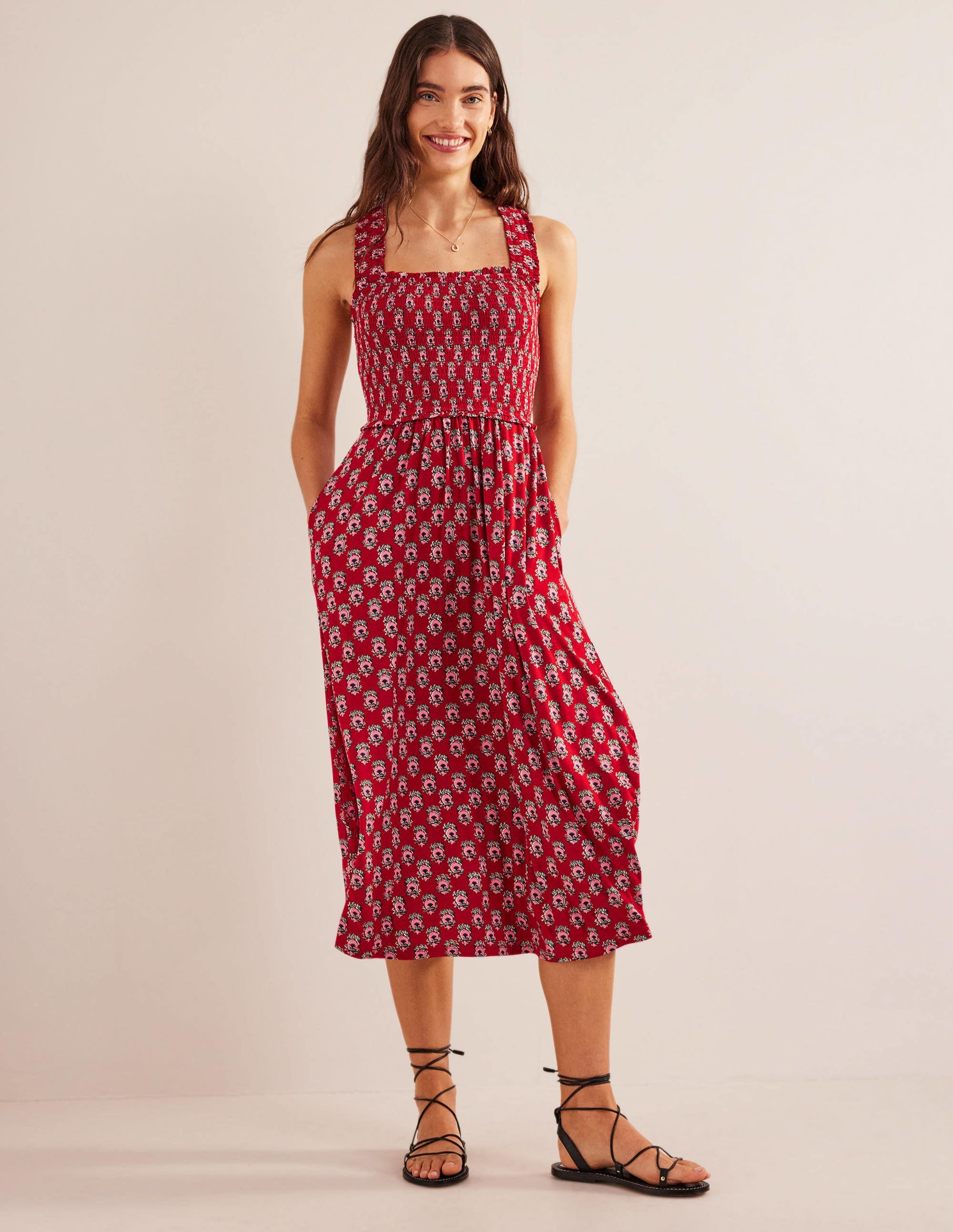 Cross Back Jersey Midi Dress-Poinsettia, Dainty Floret - Image 1