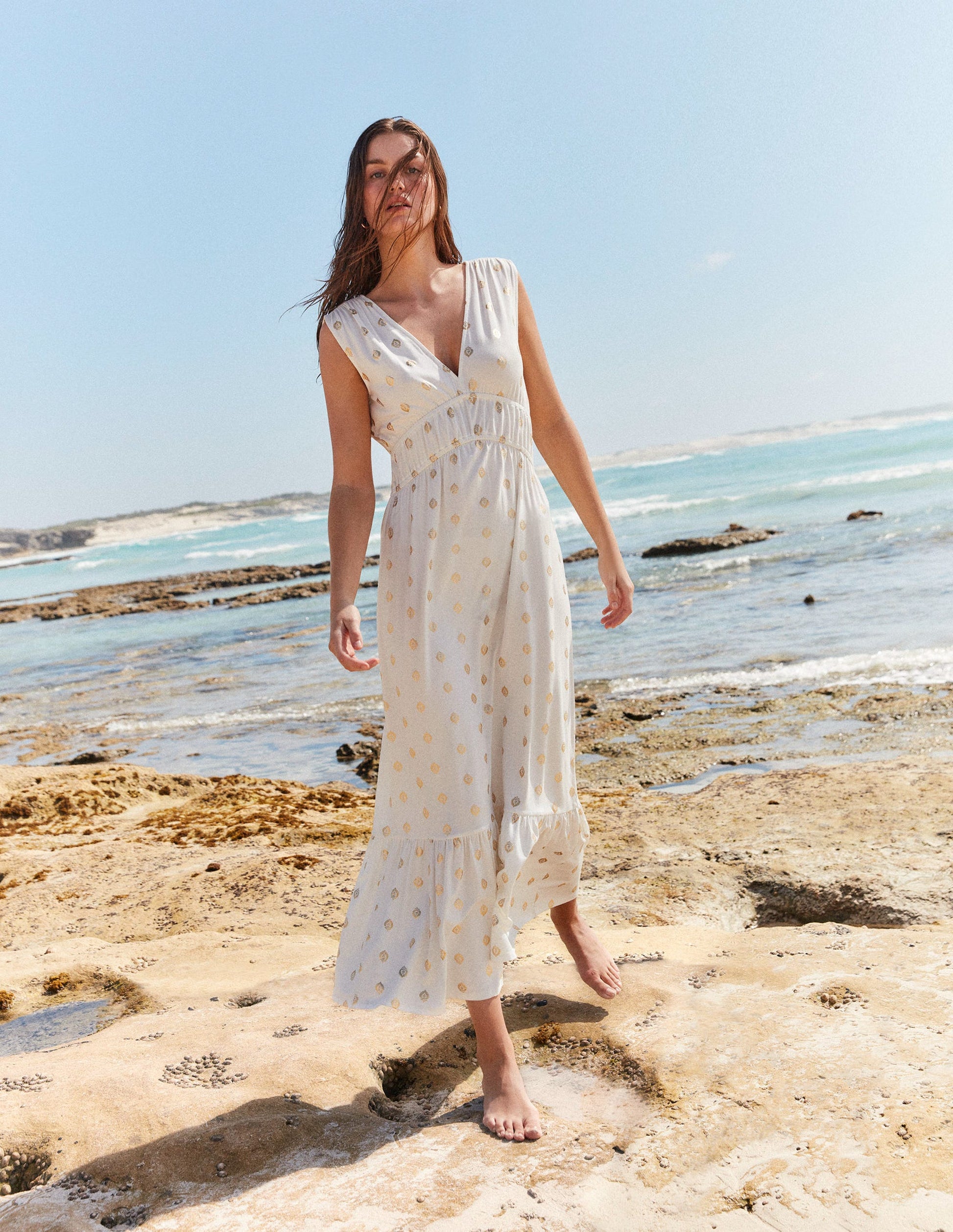 Smocked Jersey Maxi Dress-White, Tranquil Leaf-5