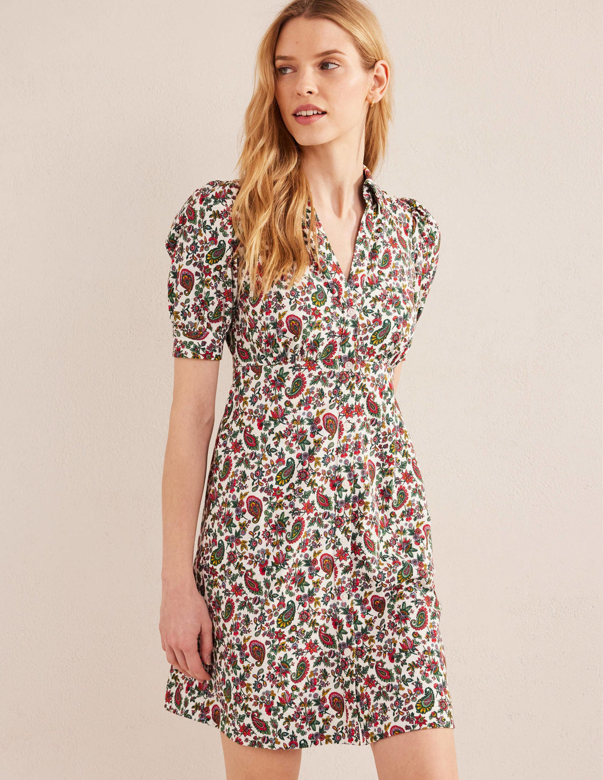 Button Jersey Mini Tea Dress-Multi, Dandelion Paisley - Image 1