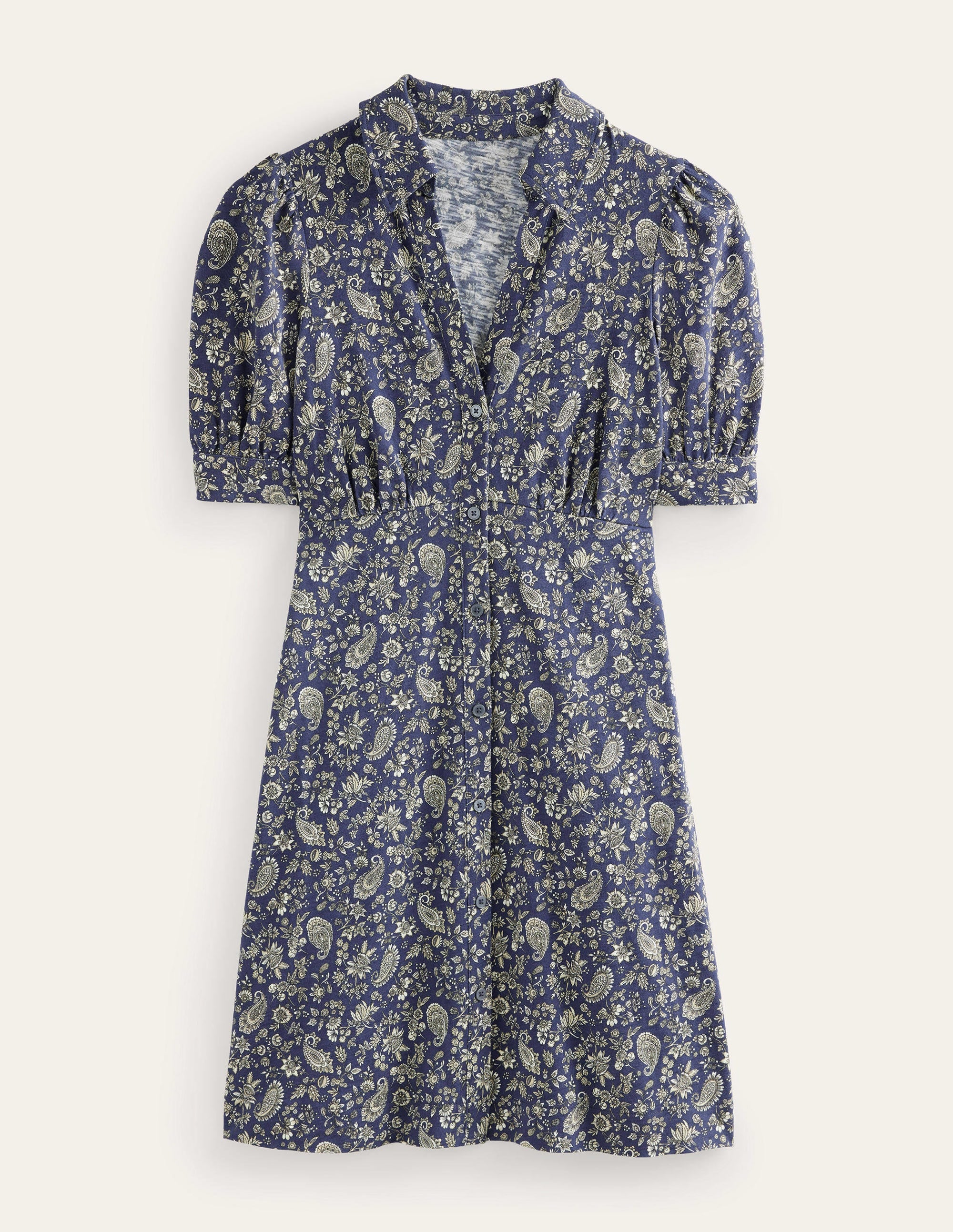 Button Jersey Mini Tea Dress-Navy, Dandelion Paisley - Image 5