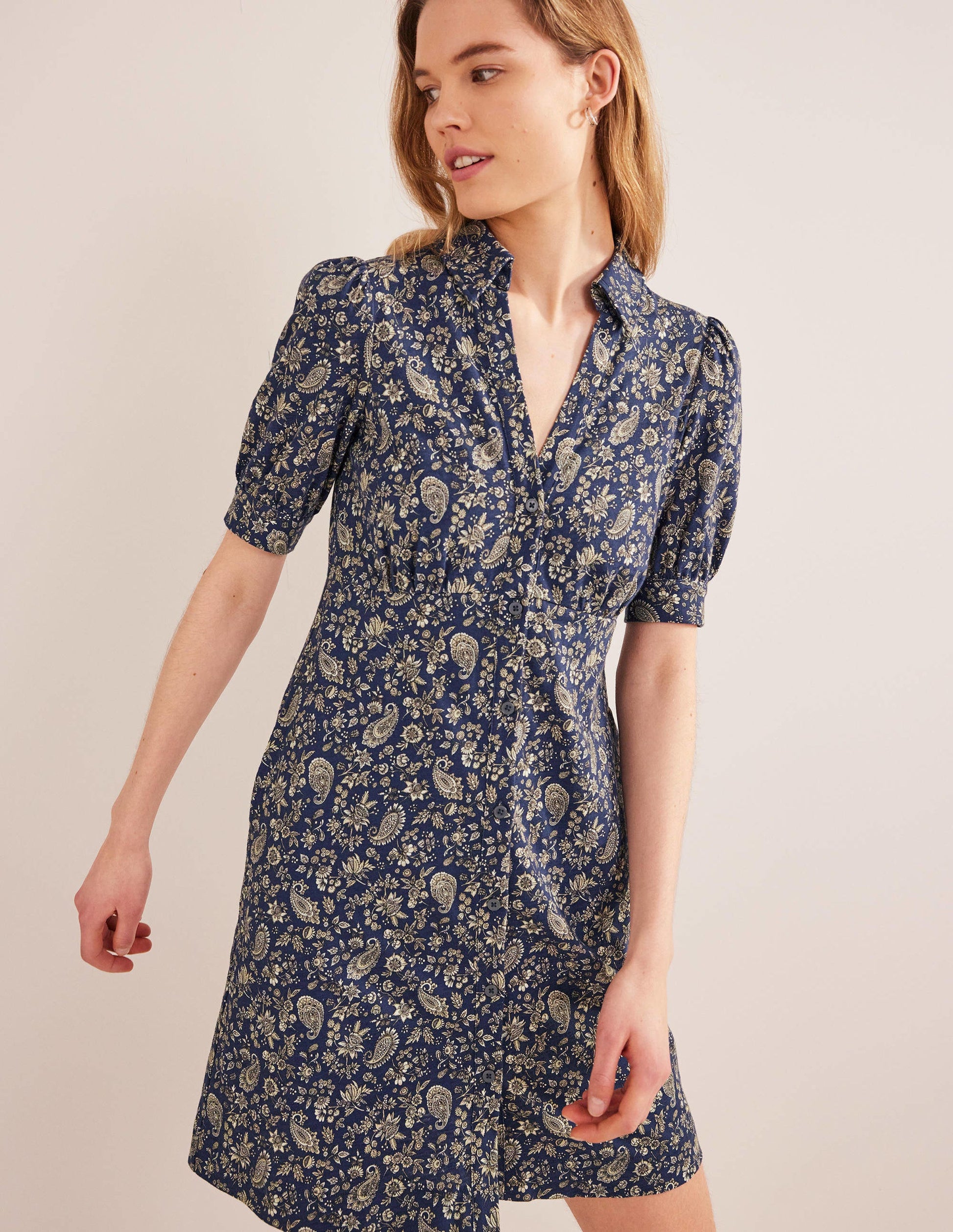 Button Jersey Mini Tea Dress-Navy, Dandelion Paisley-1