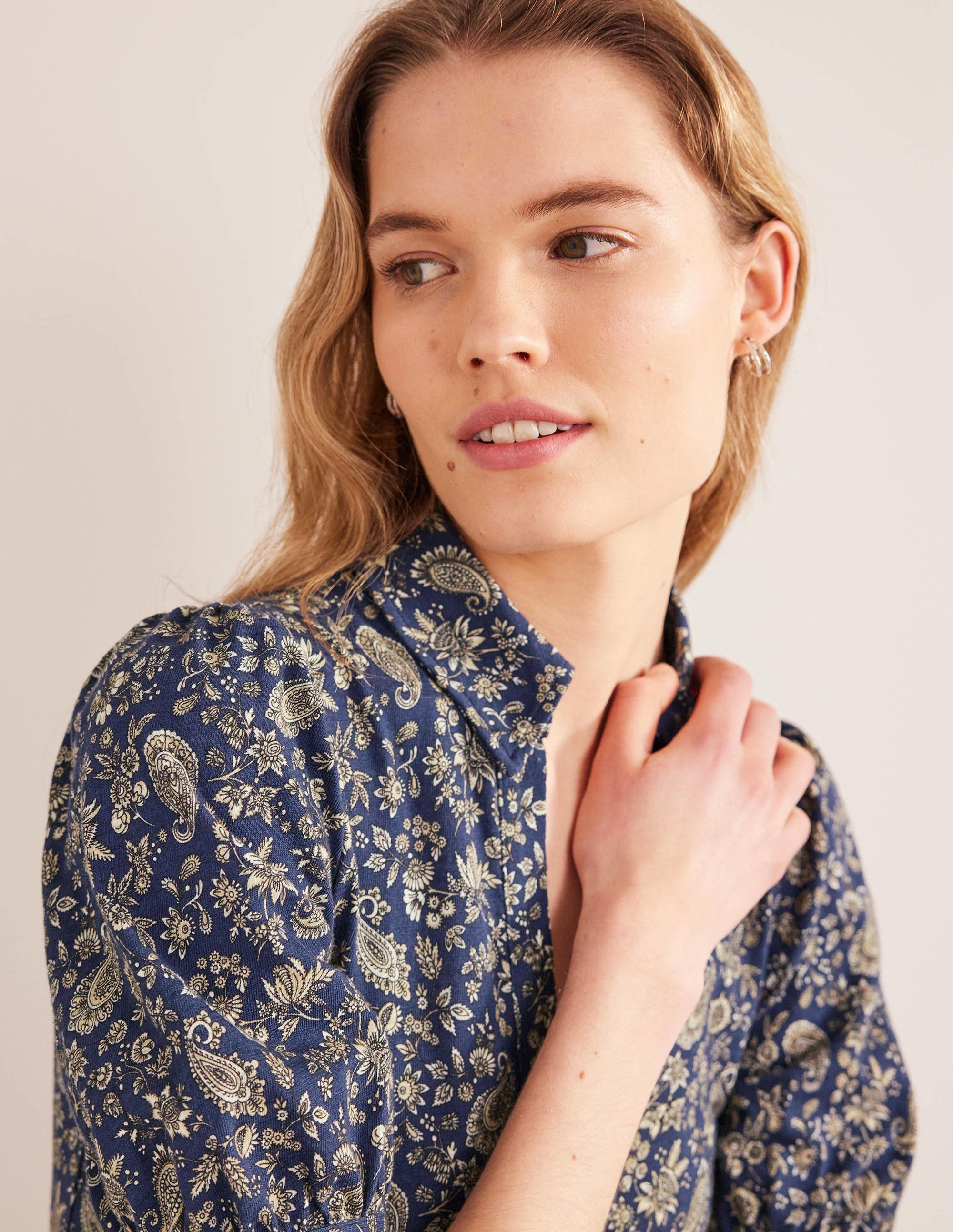 Button Jersey Mini Tea Dress-Navy, Dandelion Paisley - Image 2
