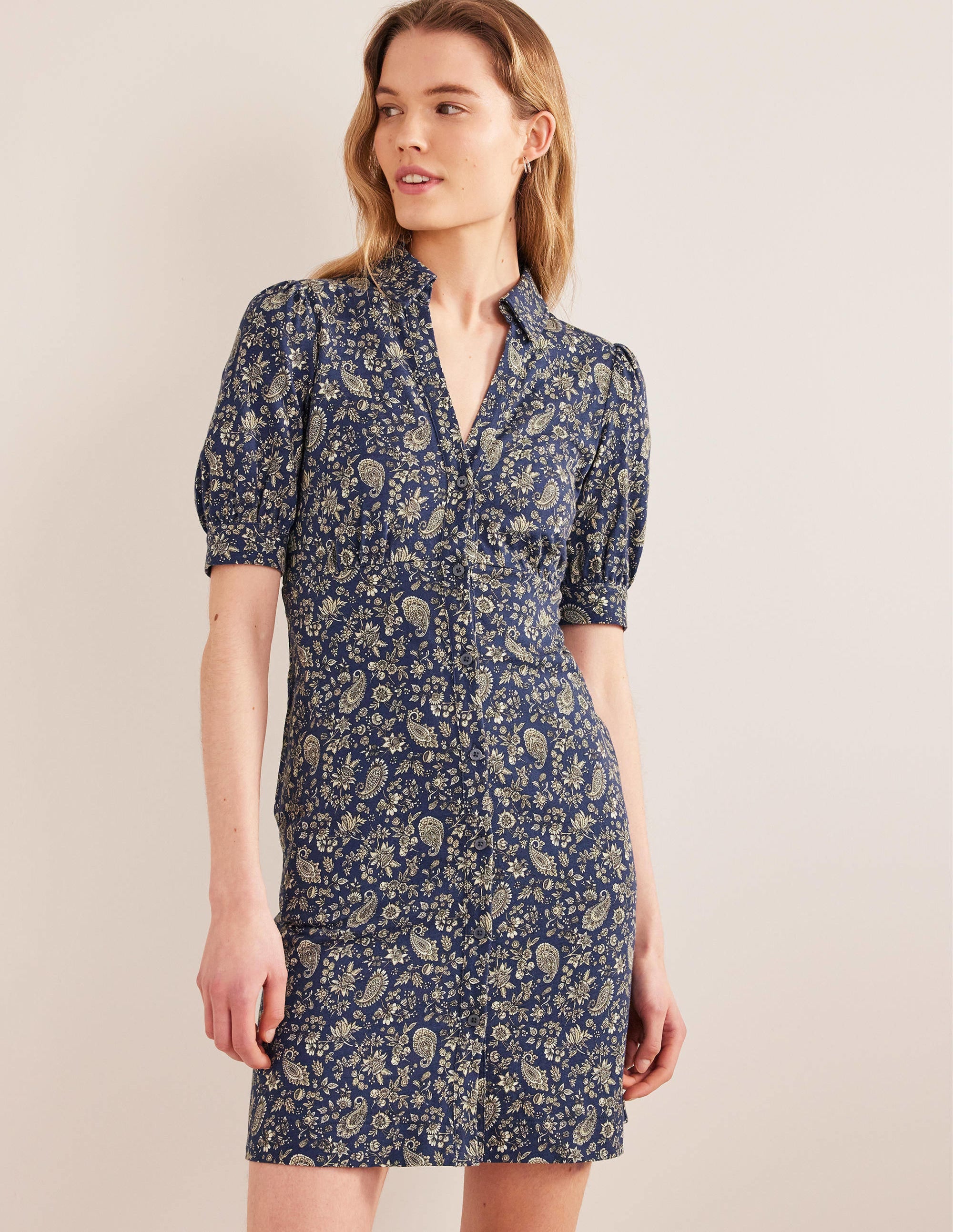 Button Jersey Mini Tea Dress-Navy, Dandelion Paisley - Image 4