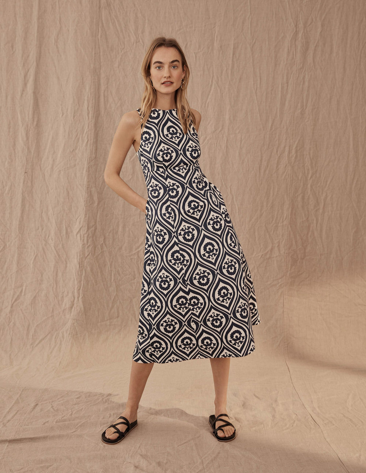 Slash Neck Midi Dress-Navy, Geo Cascade-5