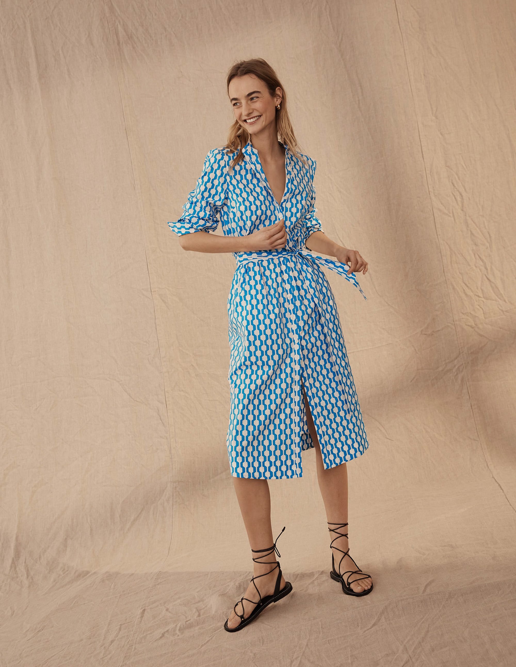 Collarless Midi Shirt Dress-Moroccan Blue, Geo Azure - Image 5