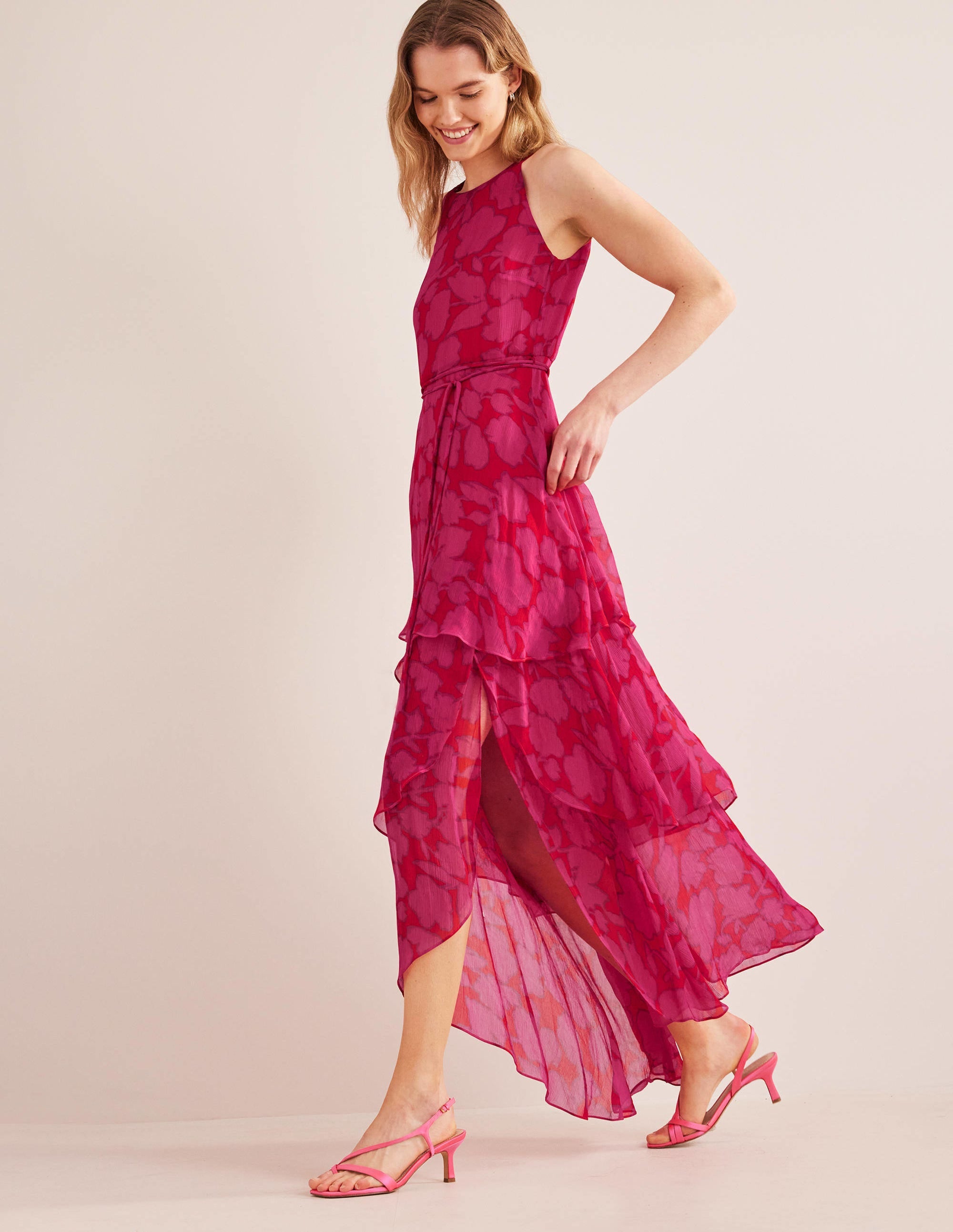Sleeveless Tiered Maxi Dress-Shocking Pink, Windsor Bloom - Image 1