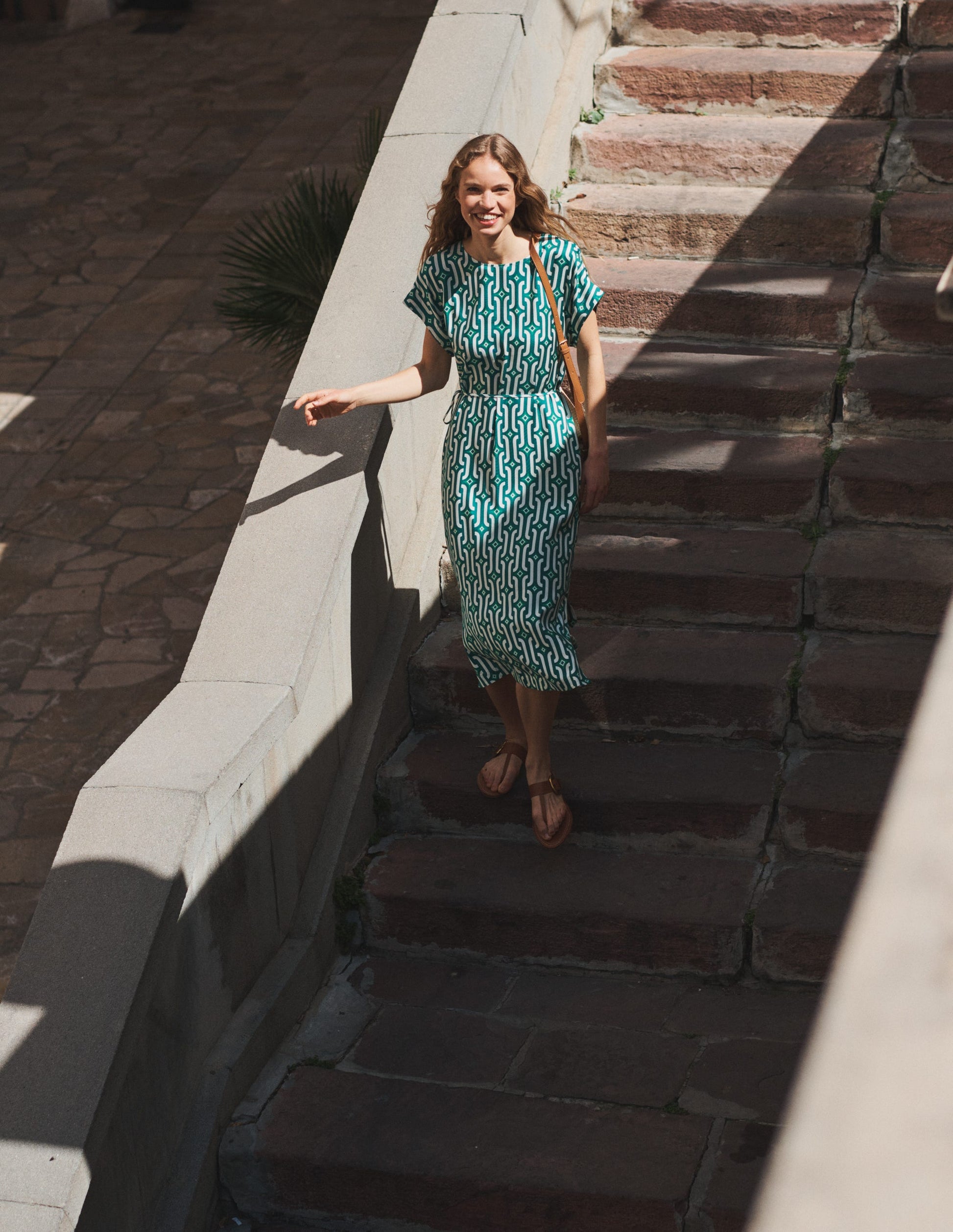 Short Sleeve Column Midi Dress-Bright Emerald, Azure Geo-5