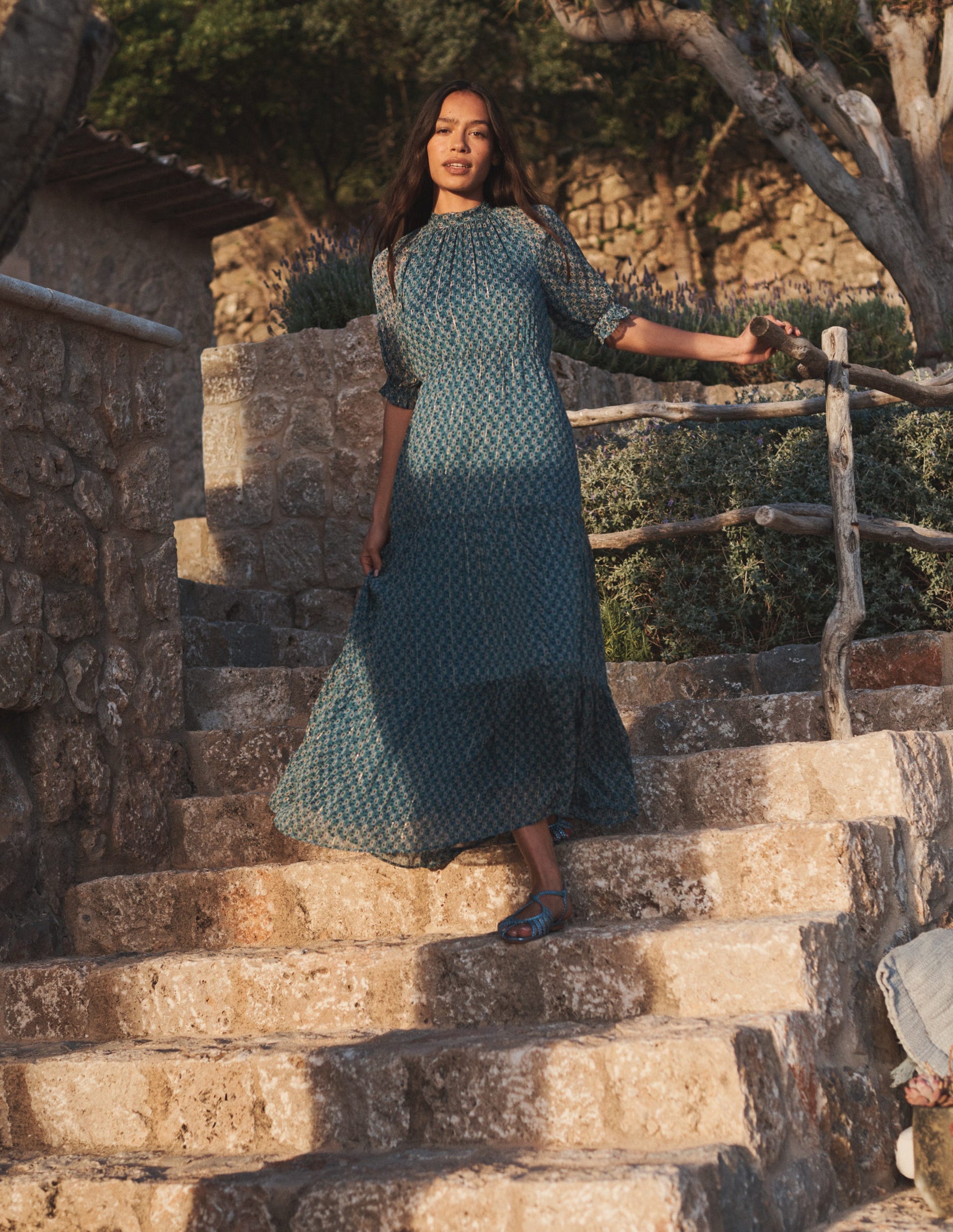 Tie-Neck Tiered Maxi Dress-Blue, Paisley Stem-5