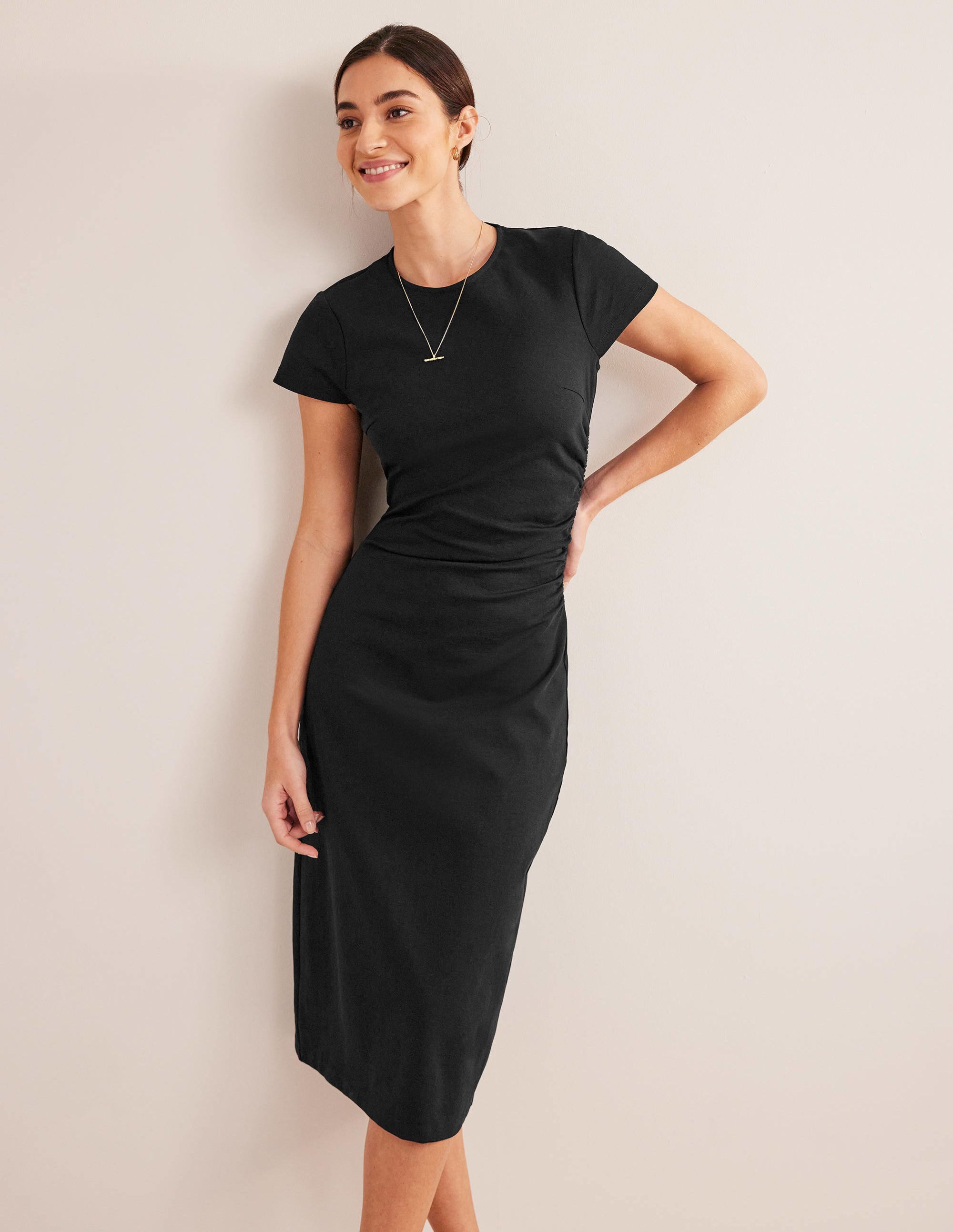 Side Ruched Jersey Midi Dress-Black - Image 1
