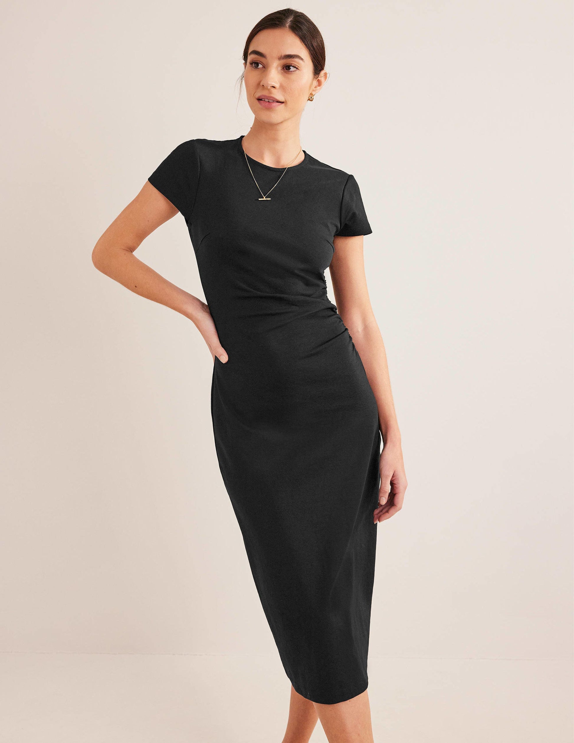 Side Ruched Jersey Midi Dress-Black-4