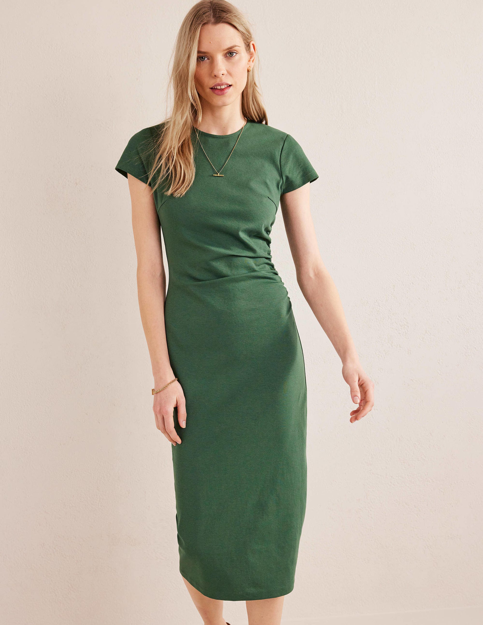Side Ruched Jersey Midi Dress-Palm Leaf - Image 1