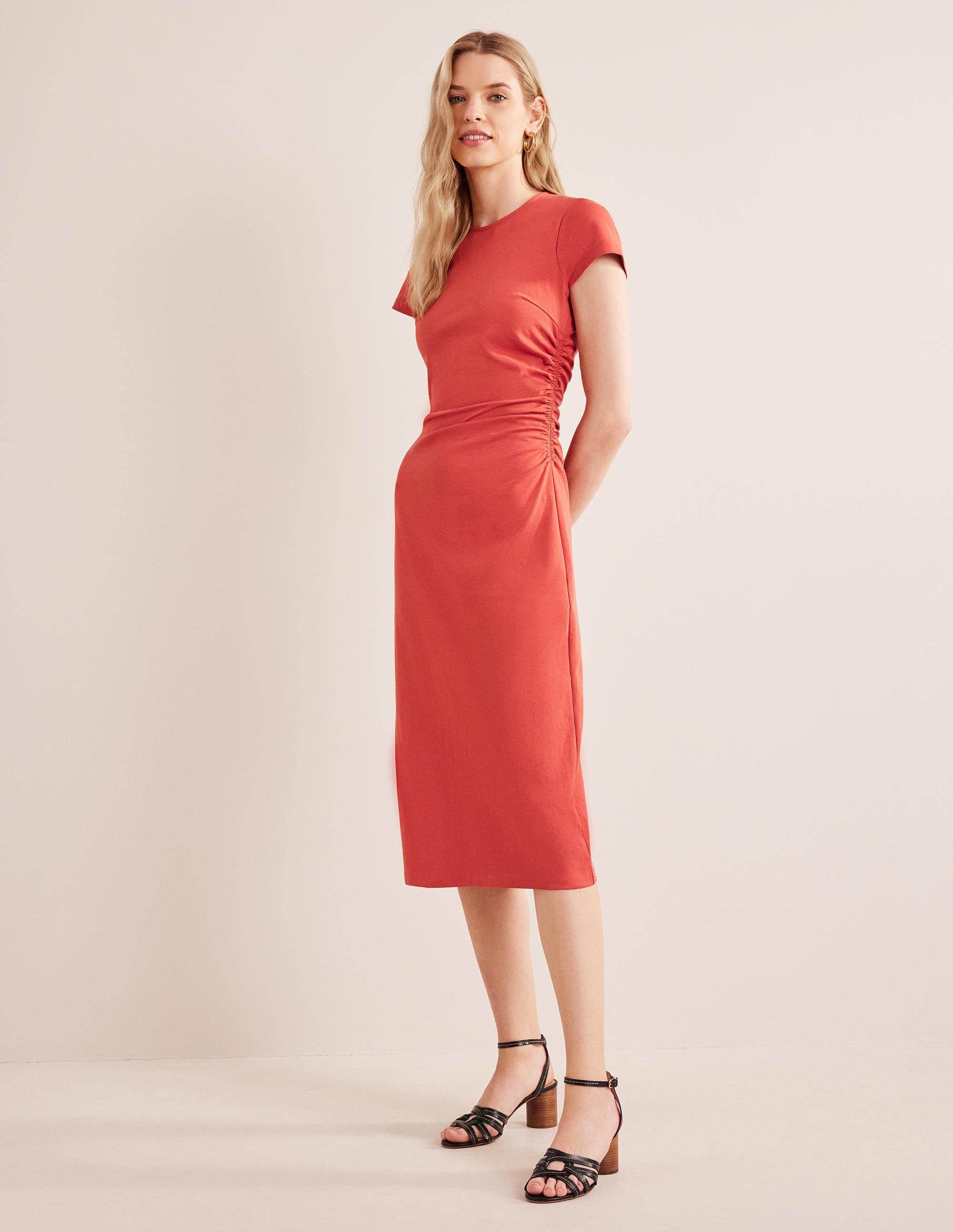Side Ruched Jersey Midi Dress-Tomato - Image 4